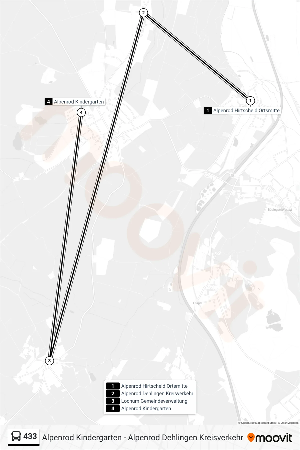 433 bus Line (Alpenrod Kindergarten) route and stops on a map