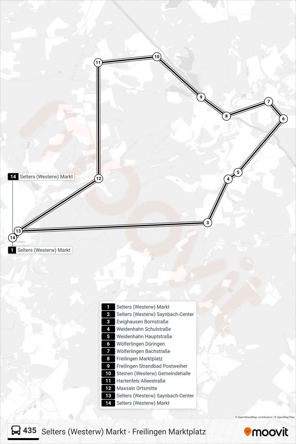 Linie 435 (Bus) Richtung Selters (Westerw) Markt: Route und Haltestellen auf der Karte