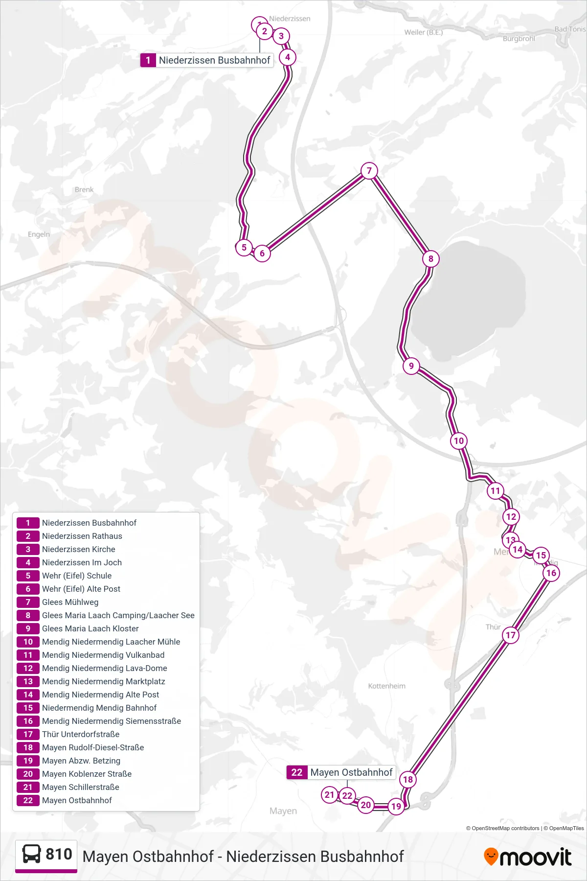 810 bus Line (Mayen Ostbahnhof) route and stops on a map