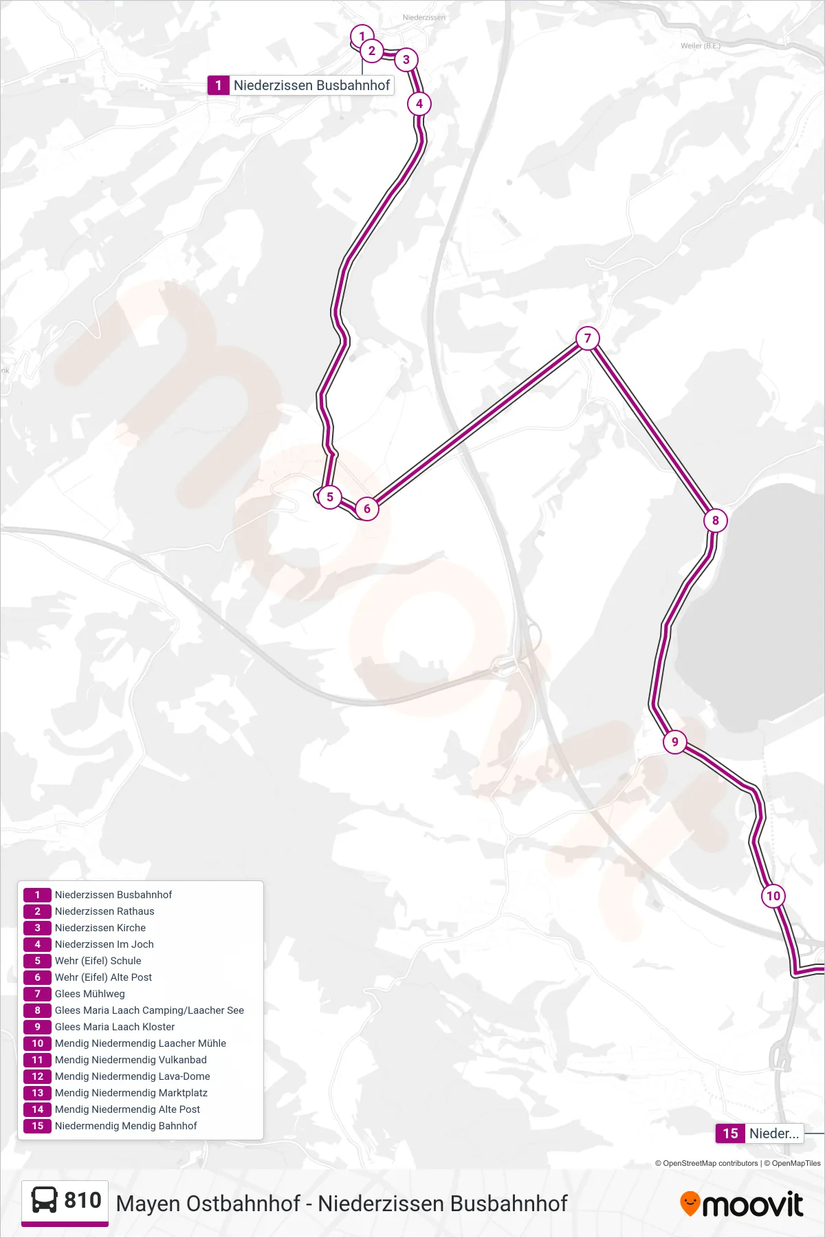 810 bus Line (Niedermendig Mendig Bahnhof) route and stops on a map