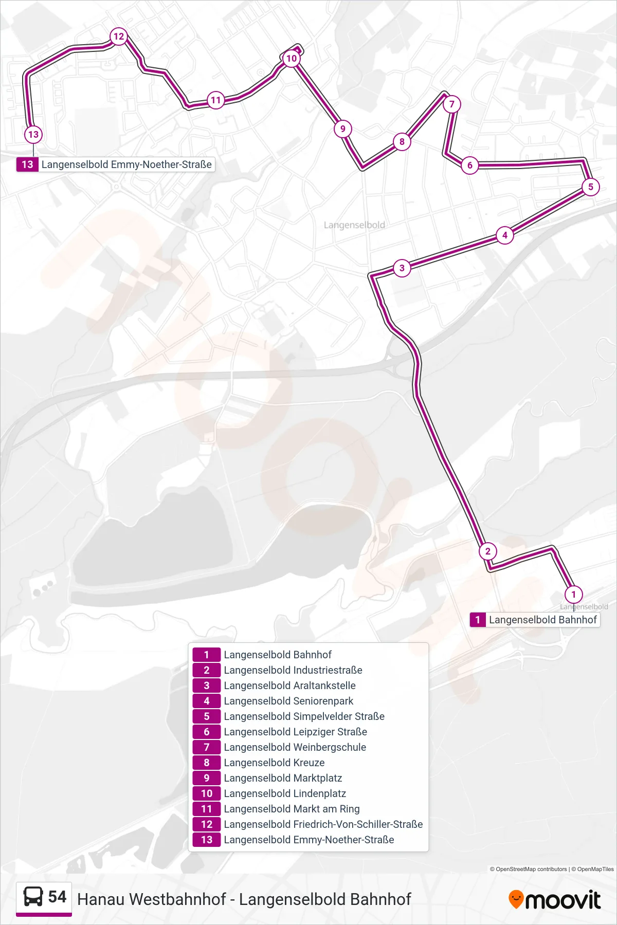 54 bus Line (Langenselbold Emmy-Noether-Straße) route and stops on a map