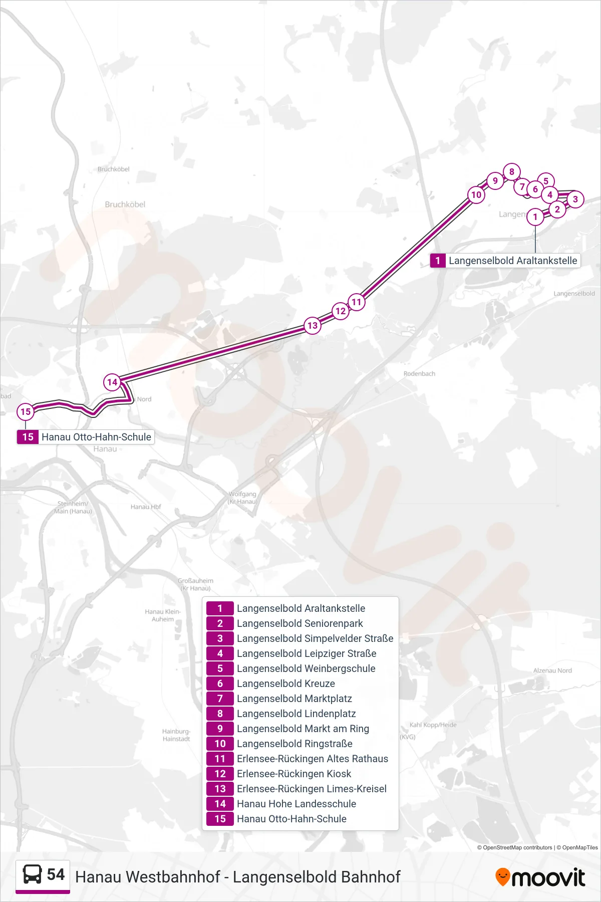 54 bus Line (Hanau Otto-Hahn-Schule) route and stops on a map