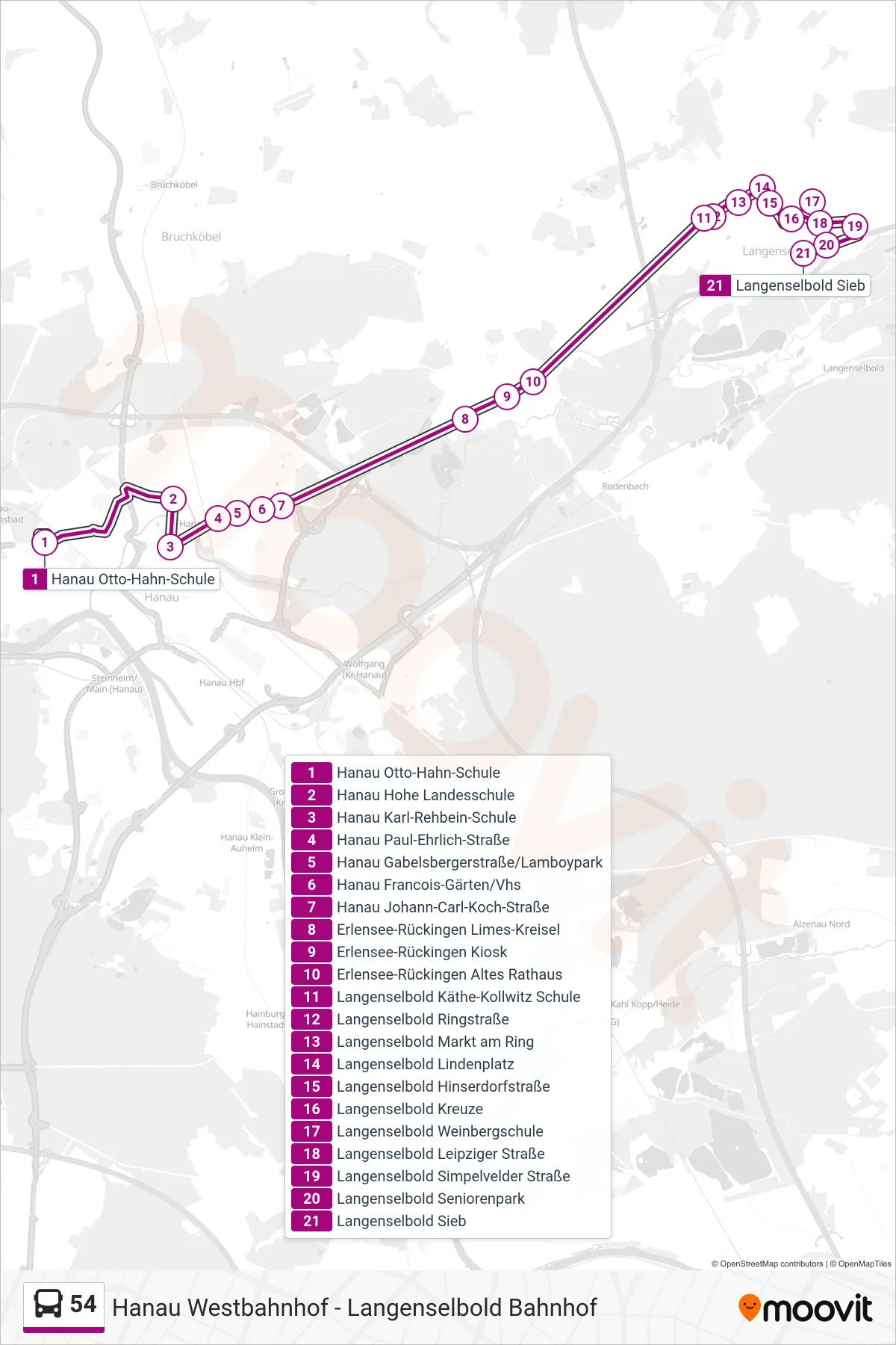 54 bus Line (Langenselbold Sieb) route and stops on a map