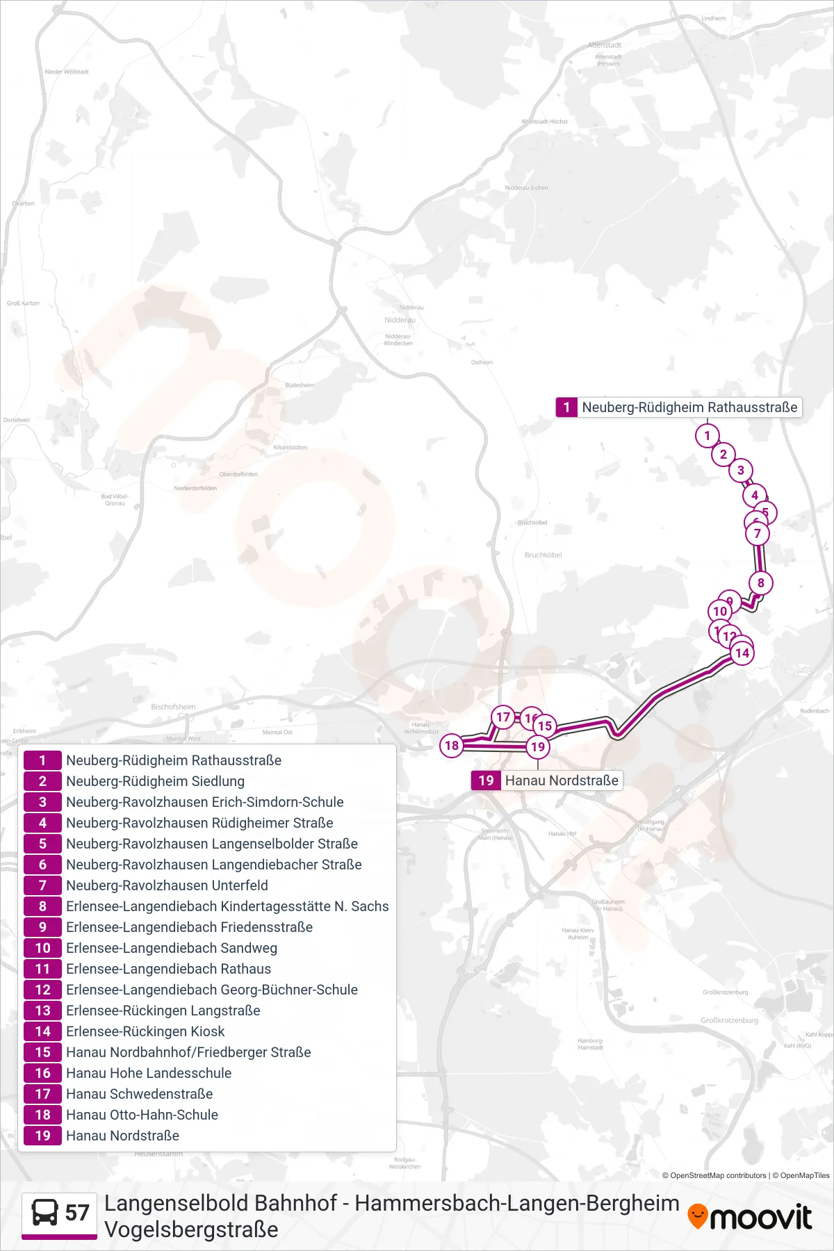 57 bus Line (Hanau Nordstraße) route and stops on a map