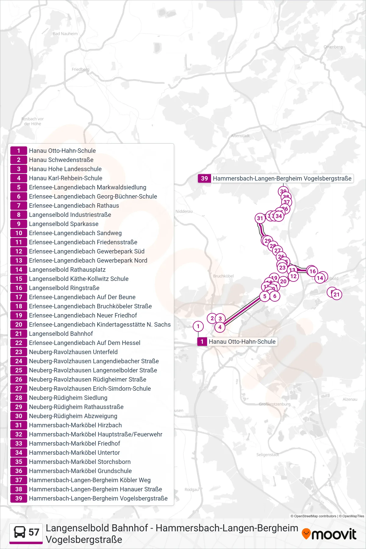 Linie 57 (Bus) Richtung Hammersbach-Langen-Bergheim Vogelsbergstraße: Route und Haltestellen auf der Karte