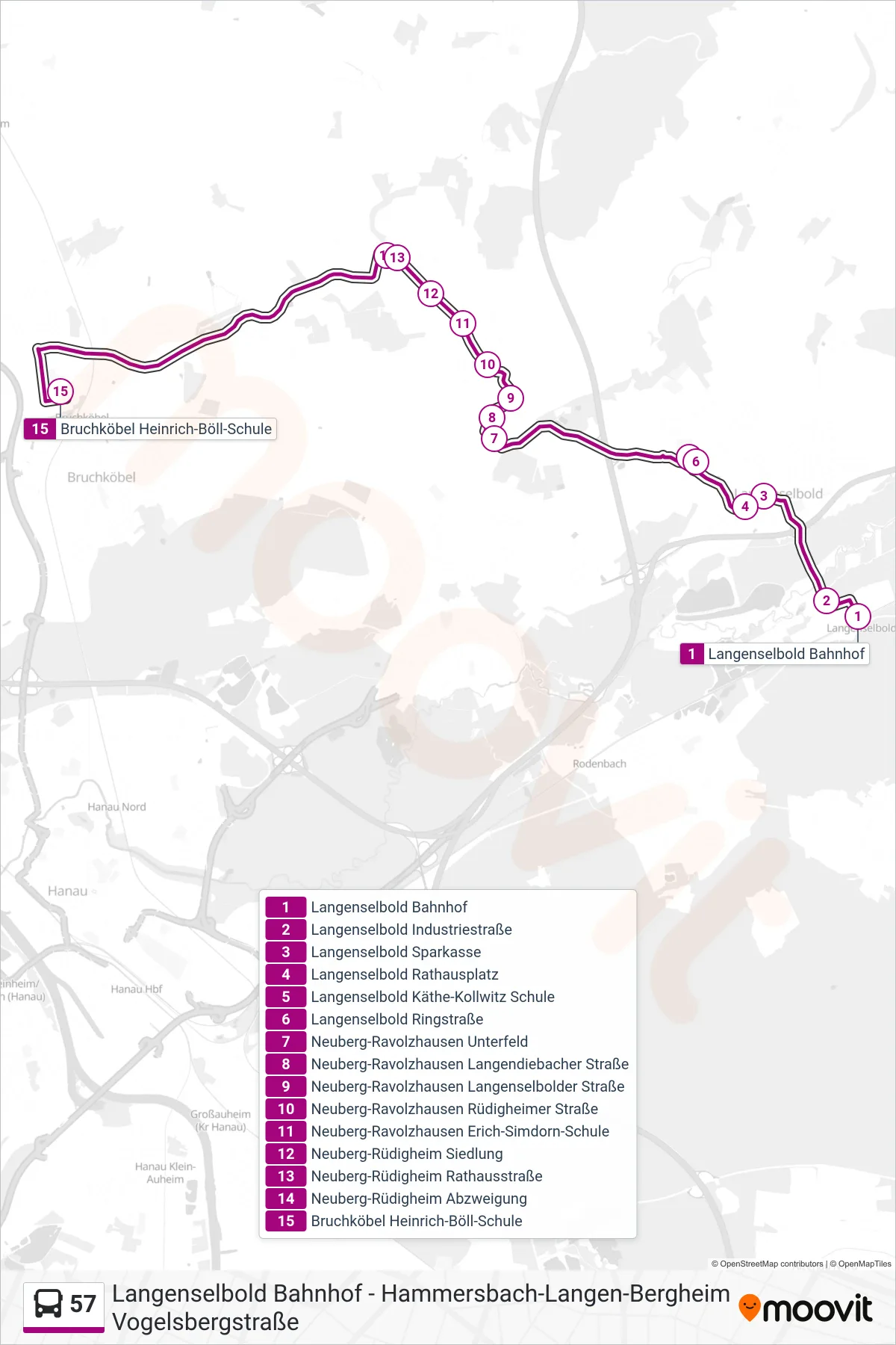 57 bus Line (Bruchköbel Heinrich-Böll-Schule) route and stops on a map