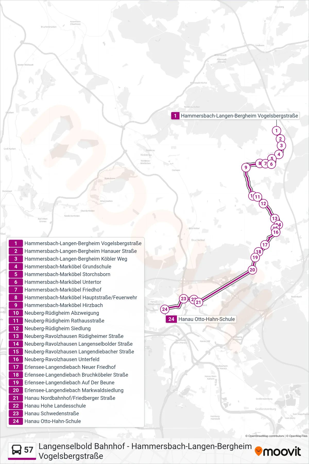 57 bus Line (Hanau Otto-Hahn-Schule) route and stops on a map