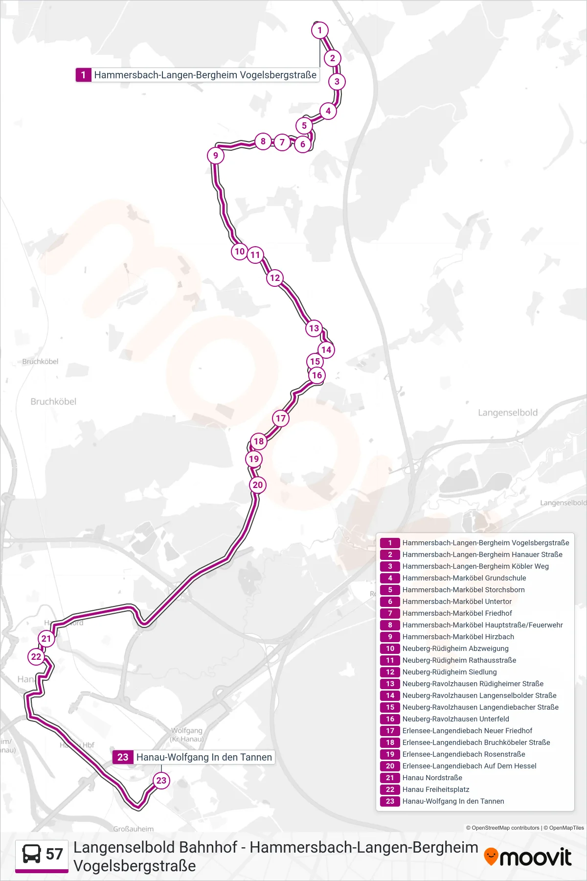 57 bus Line (Hanau-Wolfgang In den Tannen) route and stops on a map