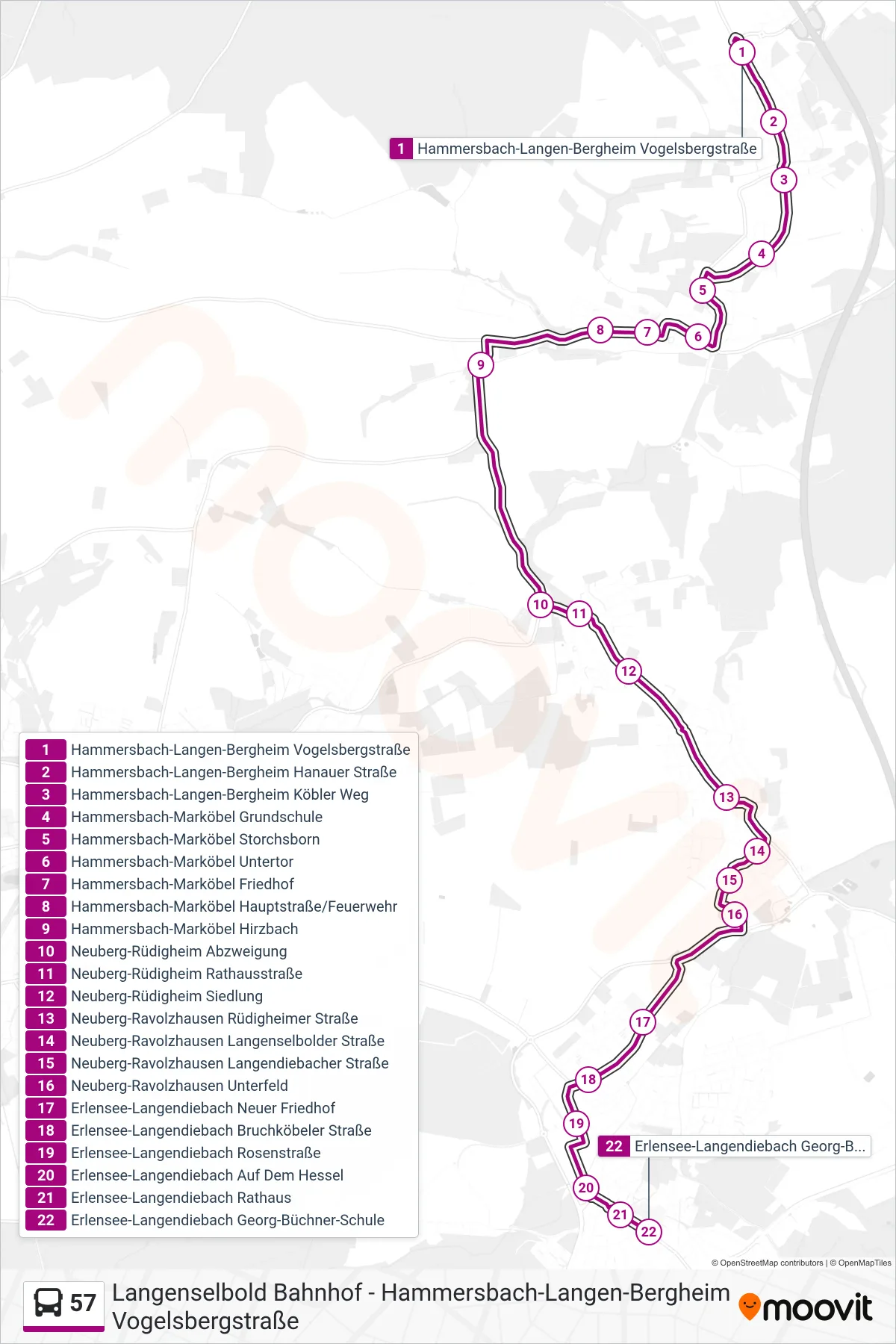 57 bus Line (Erlensee-Langendiebach Georg-Büchner-Schule) route and stops on a map