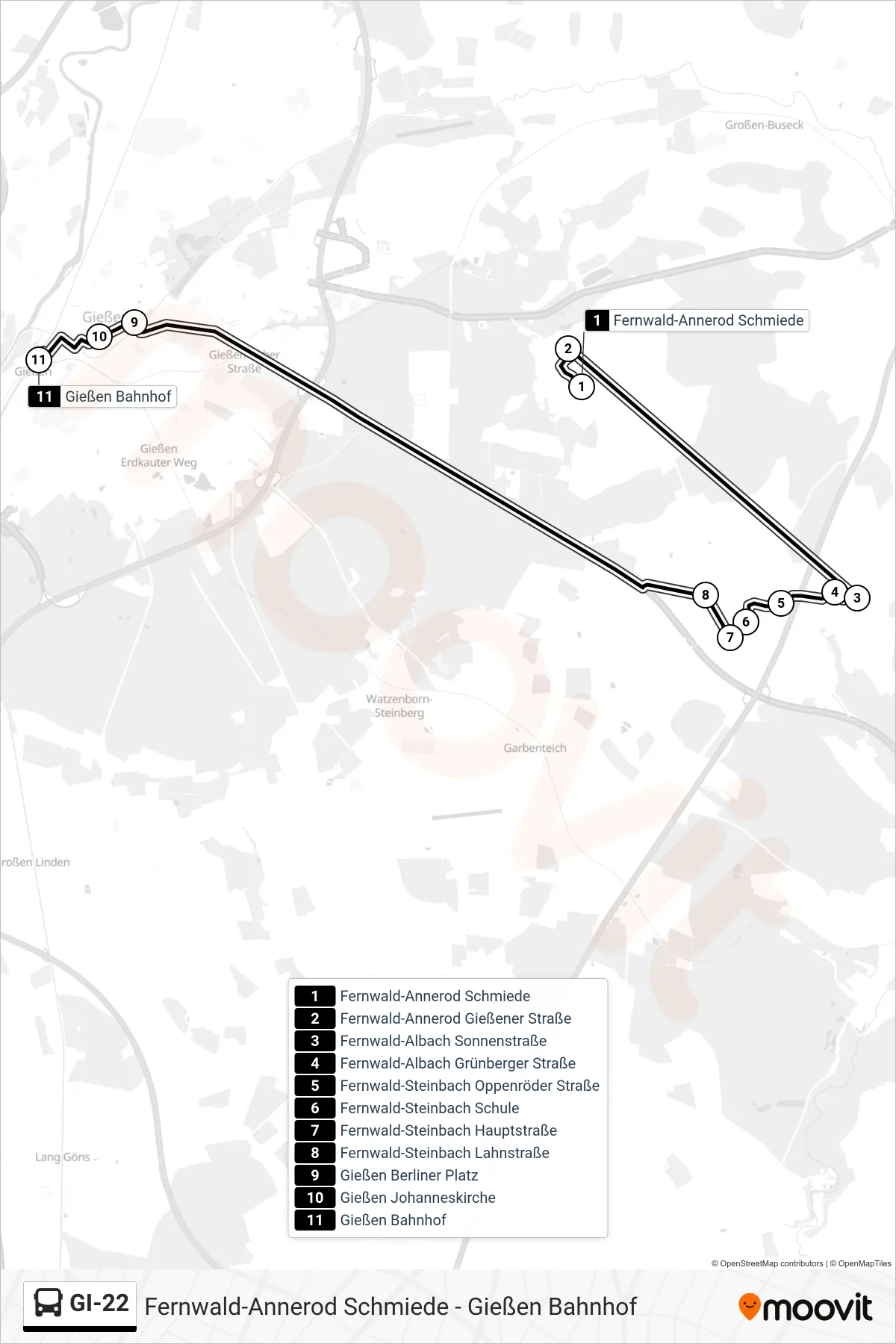 GI-22 bus Line (Gießen Bahnhof) route and stops on a map