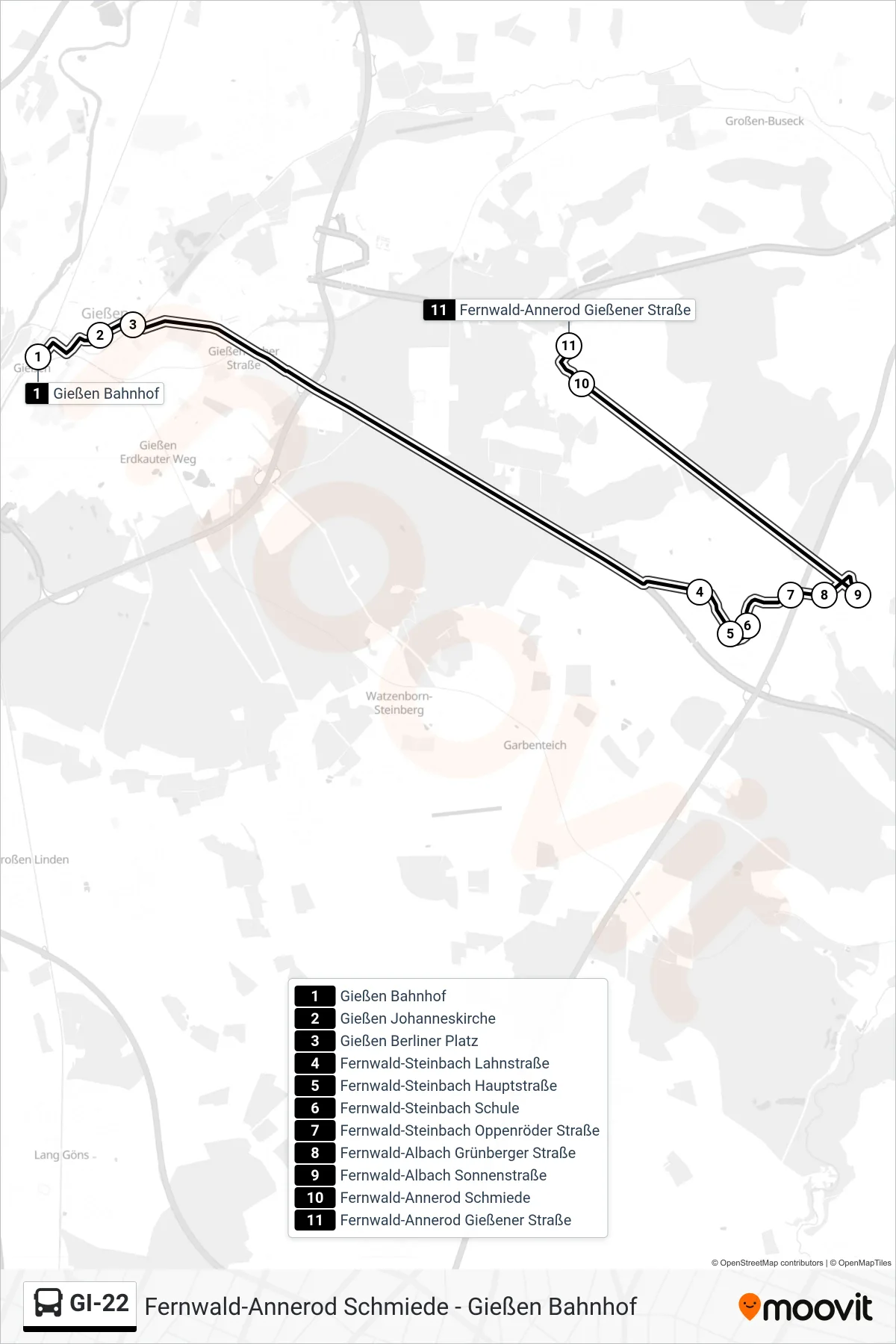 Linie GI-22 (Bus) Richtung Fernwald-Annerod Gießener Straße: Route und Haltestellen auf der Karte