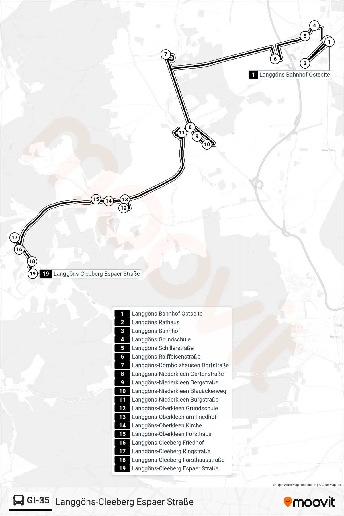 GI-35 bus Line (Langgöns-Cleeberg Espaer Straße) route and stops on a map