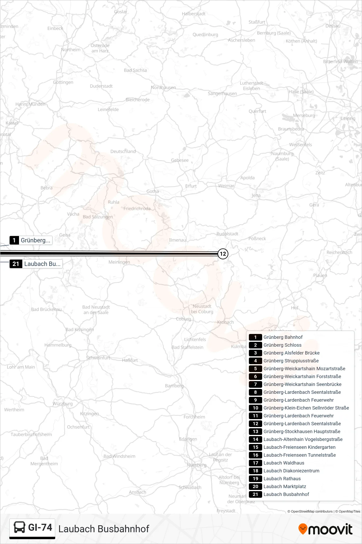 GI-74 bus Line (Laubach Busbahnhof) route and stops on a map