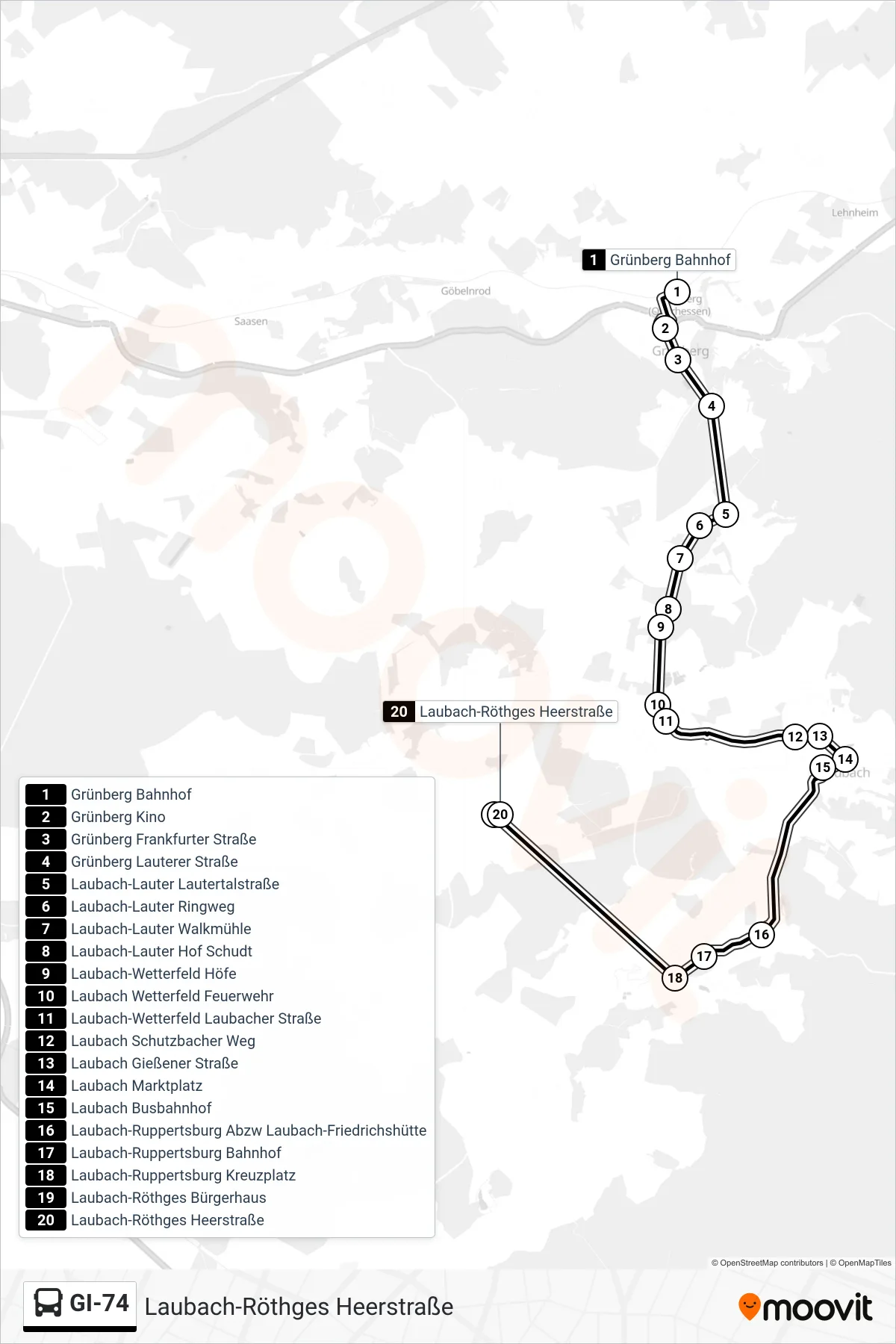 GI-74 bus Line (Laubach-Röthges Heerstraße) route and stops on a map