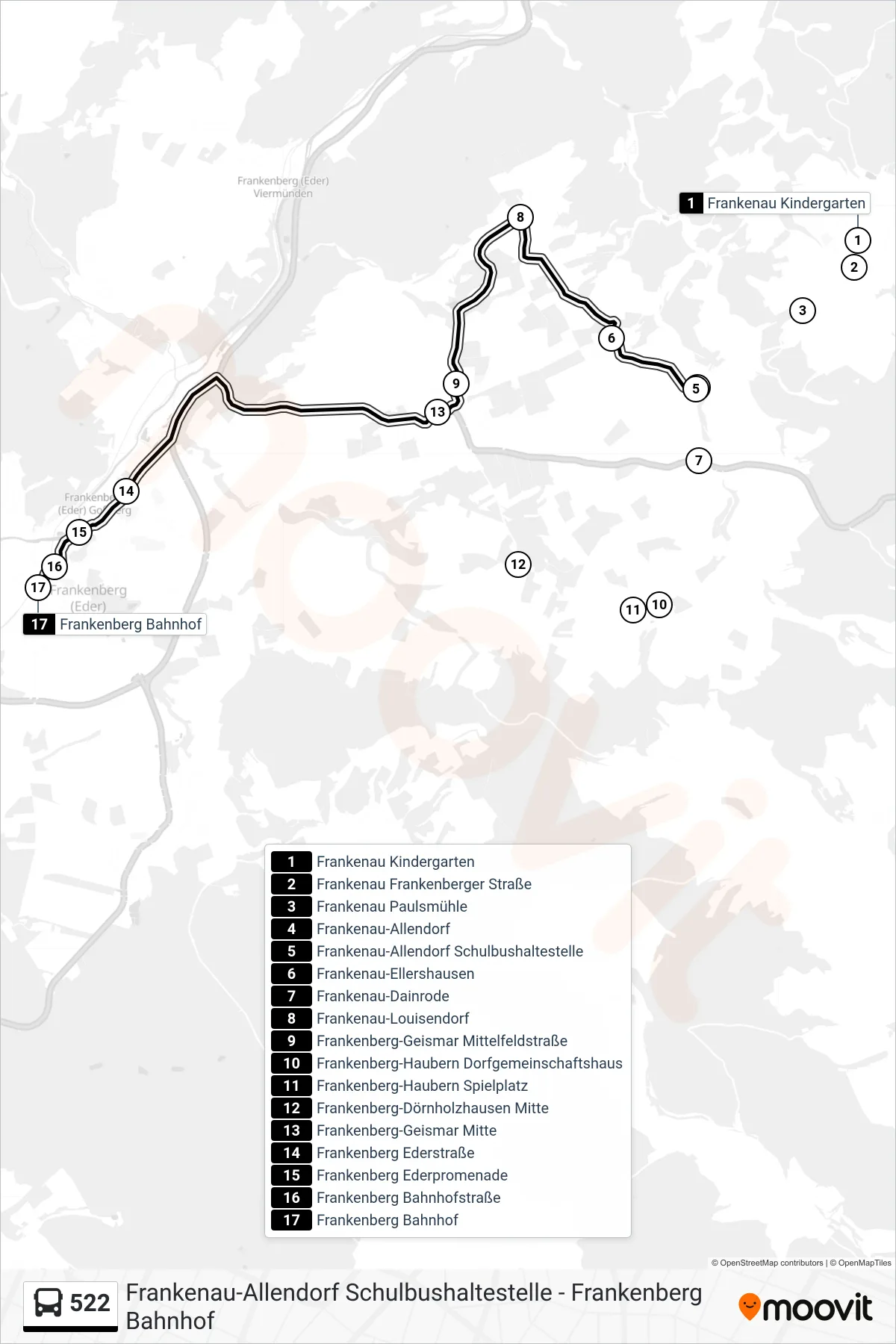 522 bus Line (Frankenberg Bhf) route and stops on a map