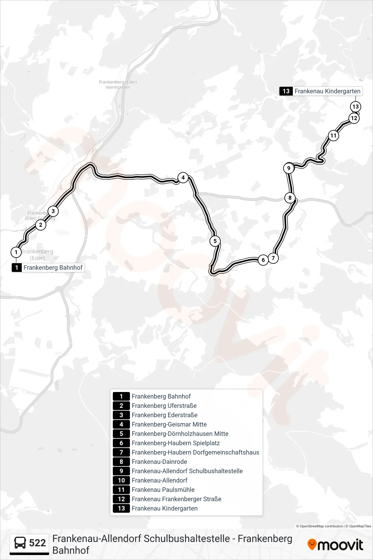 522 bus Line (Frankenau Kindergarten) route and stops on a map