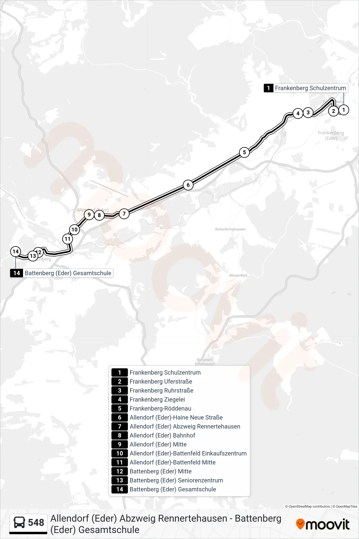 548 bus Line (Battenberg Gesamtschule) route and stops on a map