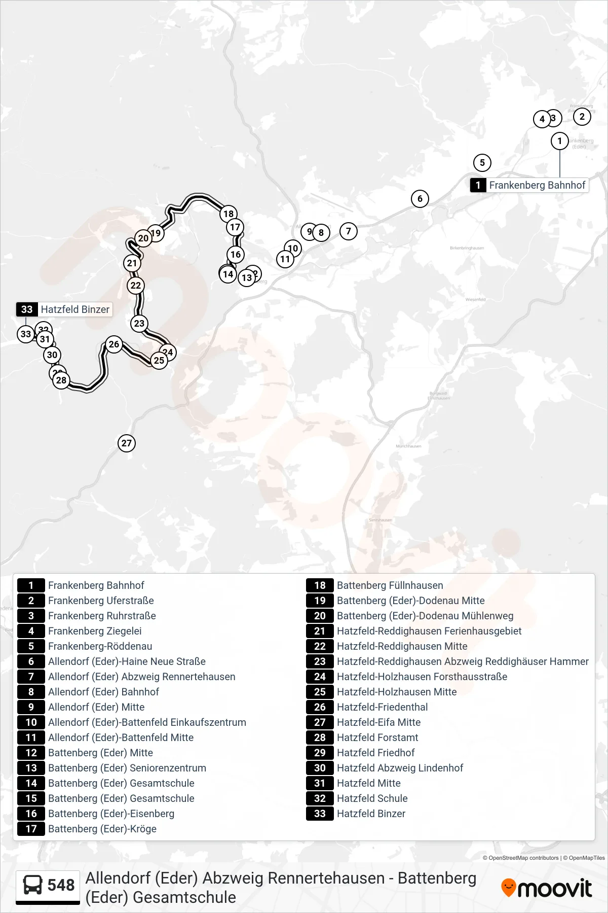 548 bus Line (Hatzfeld) route and stops on a map