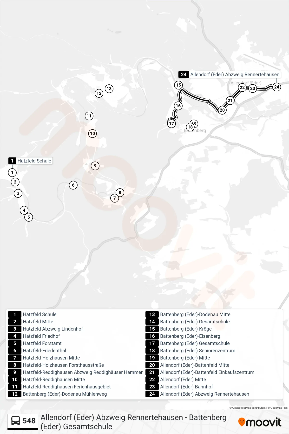 548 bus Line (Allendorf) route and stops on a map