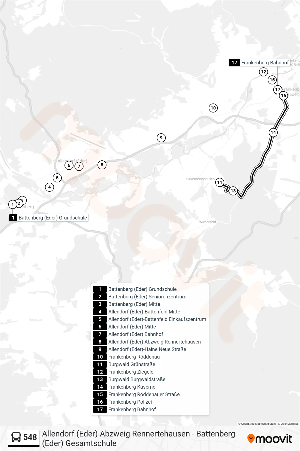 548 bus Line (Frankenberg Bhf) route and stops on a map