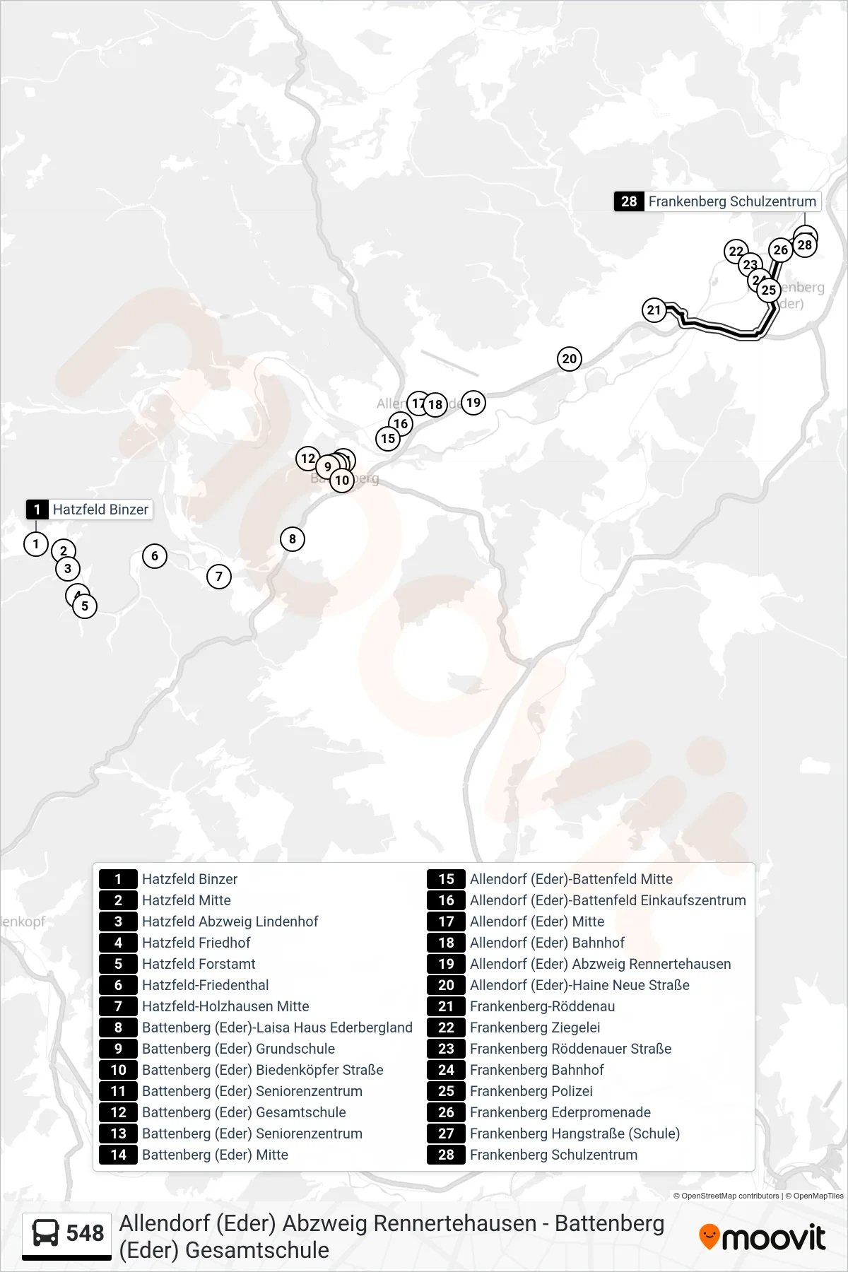 548 bus Line (Frankenberg Sz) route and stops on a map