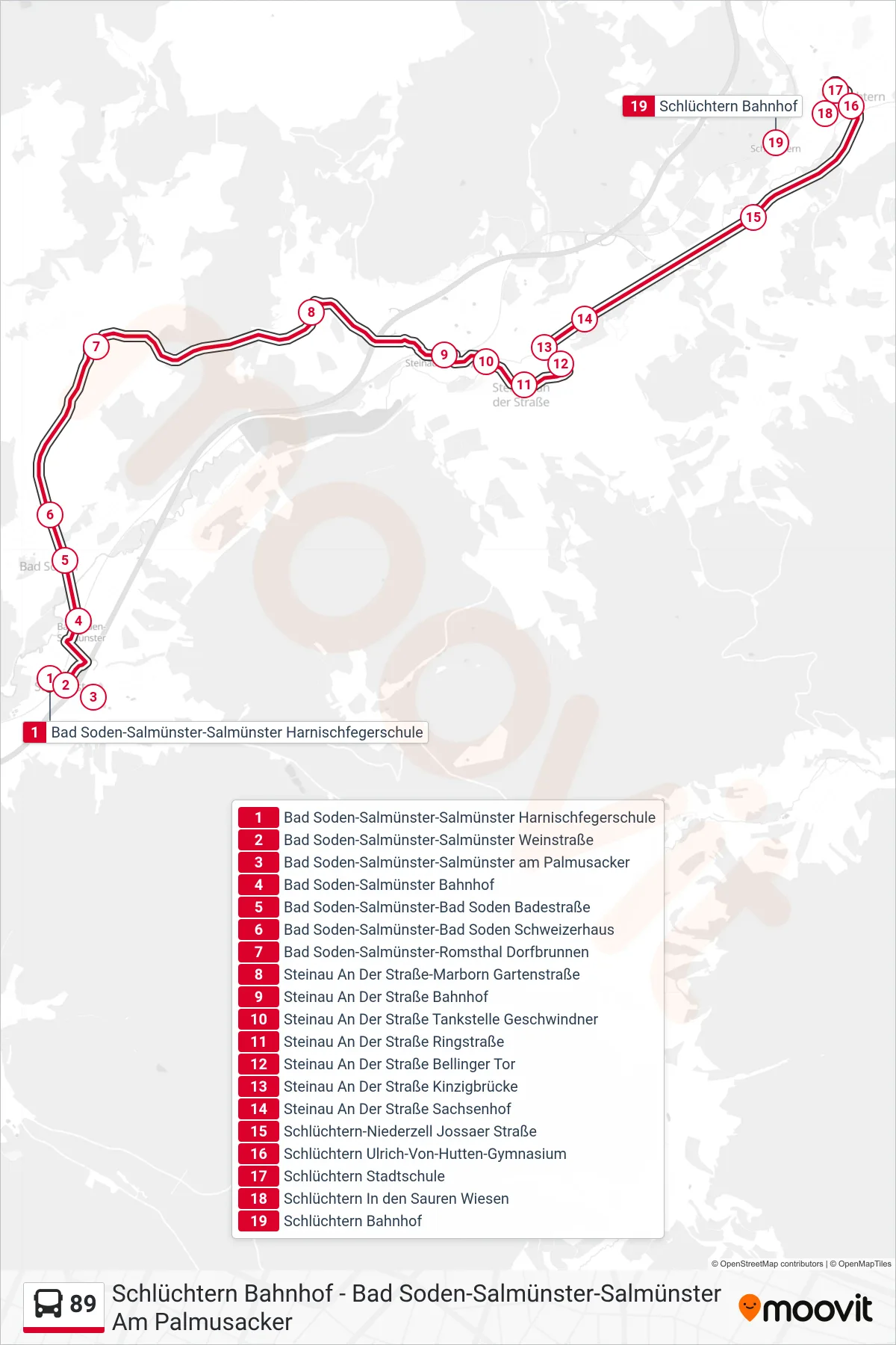 Linie 89 (Bus) Richtung Schlüchtern: Route und Haltestellen auf der Karte