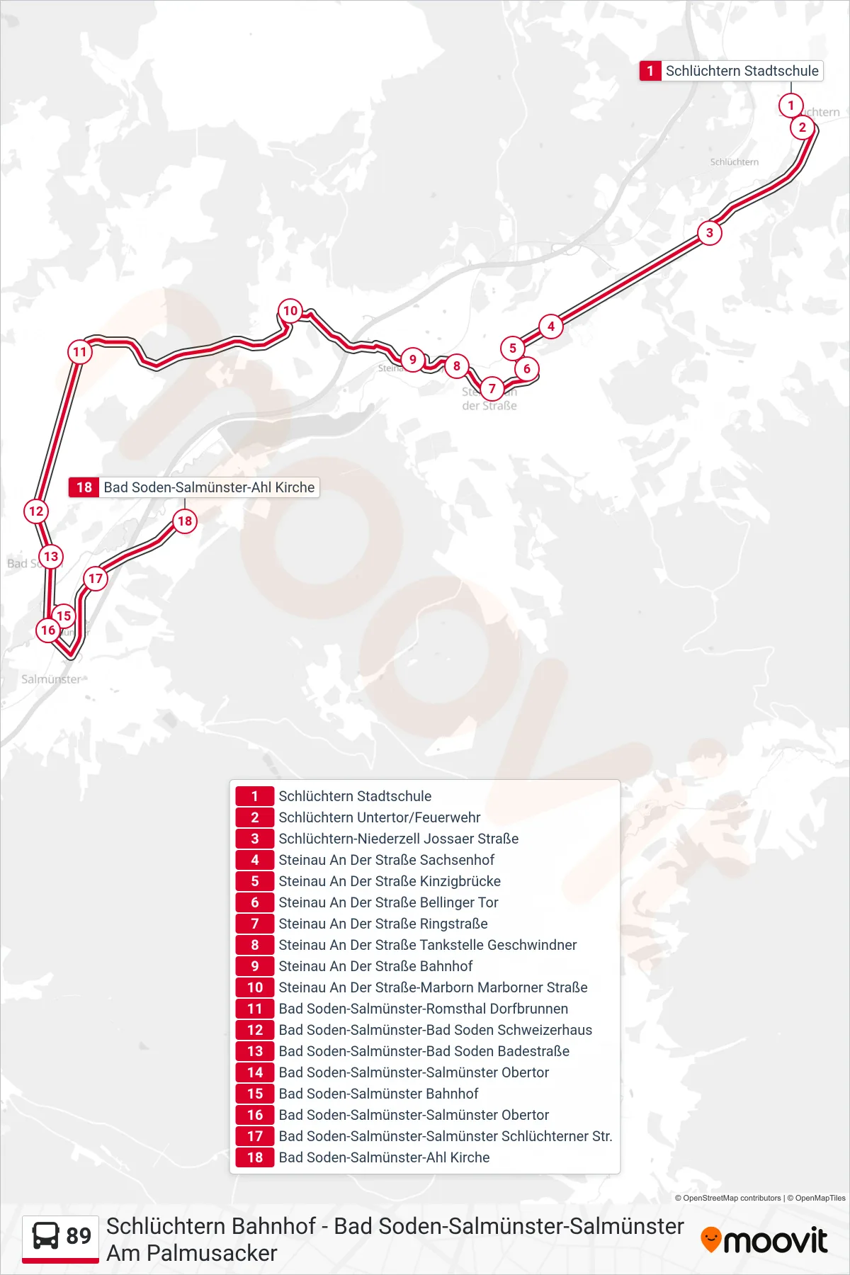 89 bus Line (Bad Soden-Salmünster-Ahl Kirche) route and stops on a map