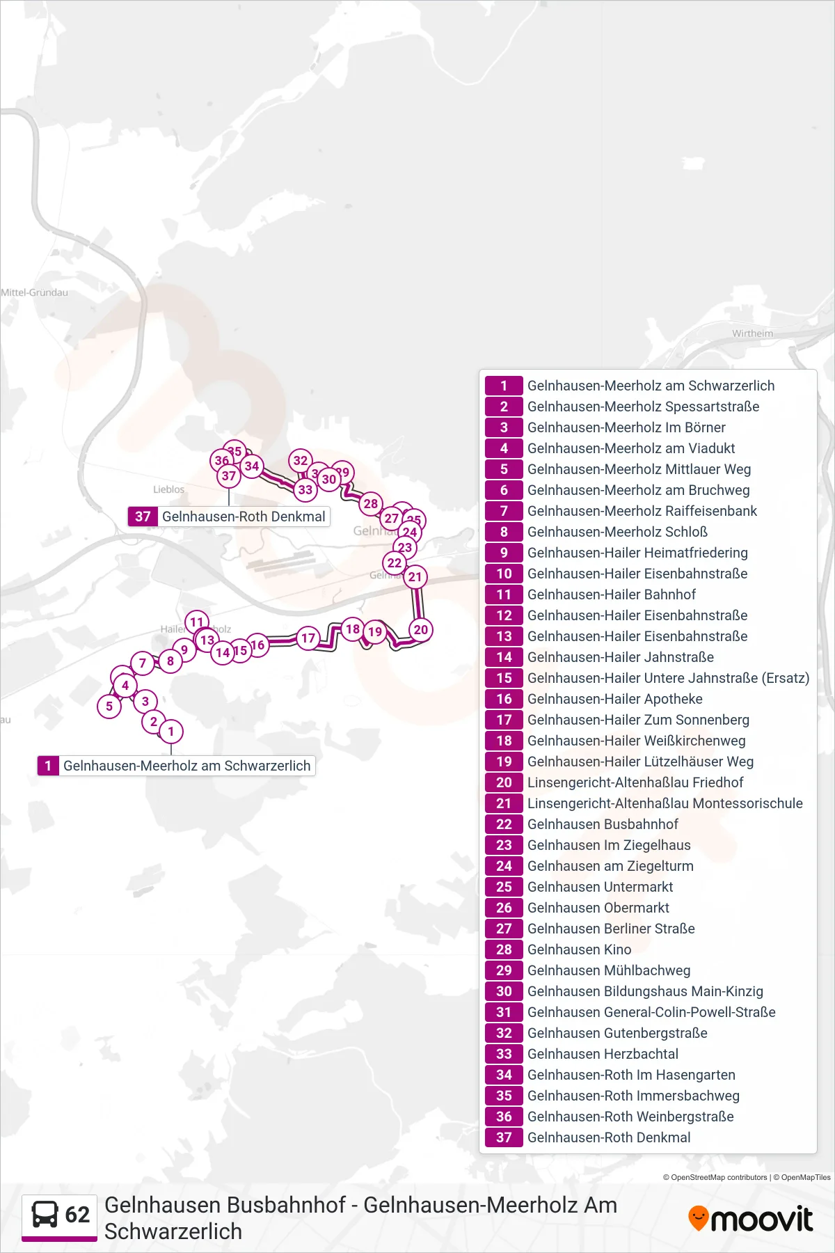Linie 62 (Bus) Richtung Gelnhausen-Roth Denkmal: Route und Haltestellen auf der Karte