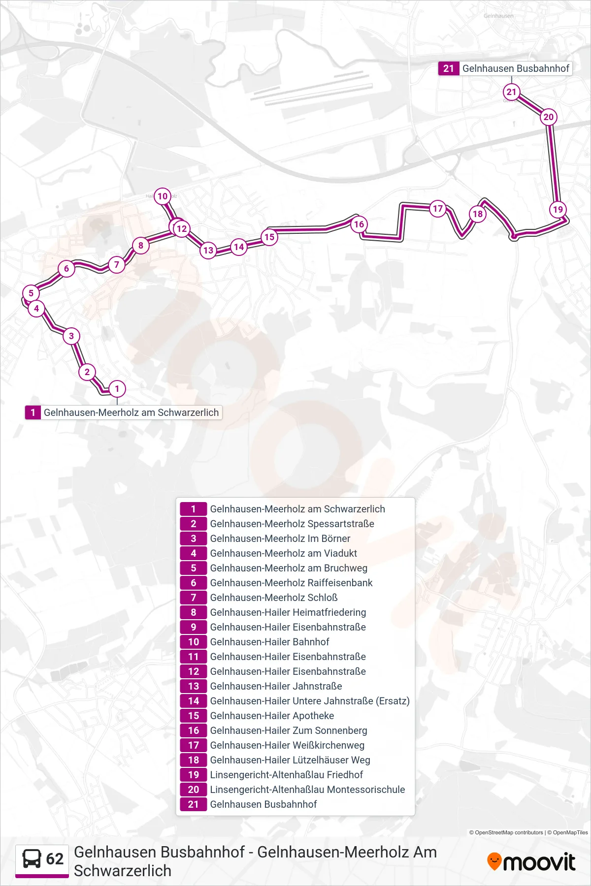 62 bus Line (Gelnhausen Busbahnhof) route and stops on a map