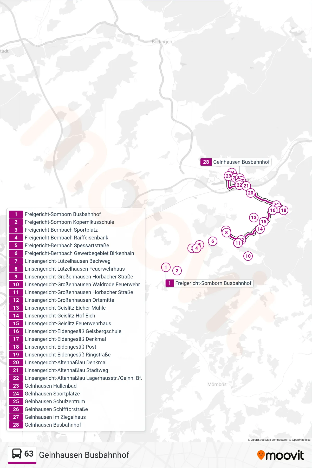 63 bus Line (Gelnhausen Busbahnhof) route and stops on a map