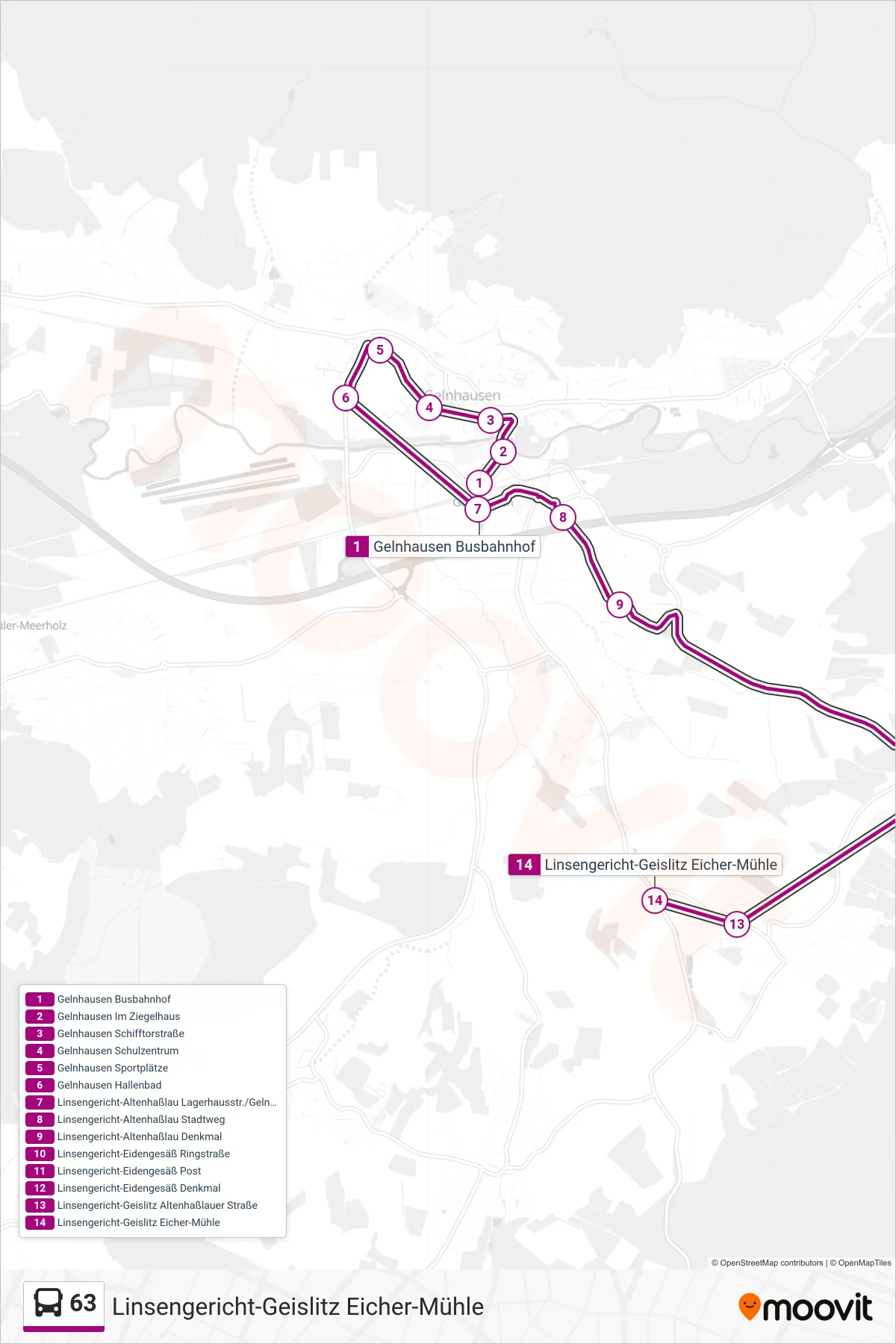 63 bus Line (Linsengericht-Geislitz Eicher-Mühle) route and stops on a map