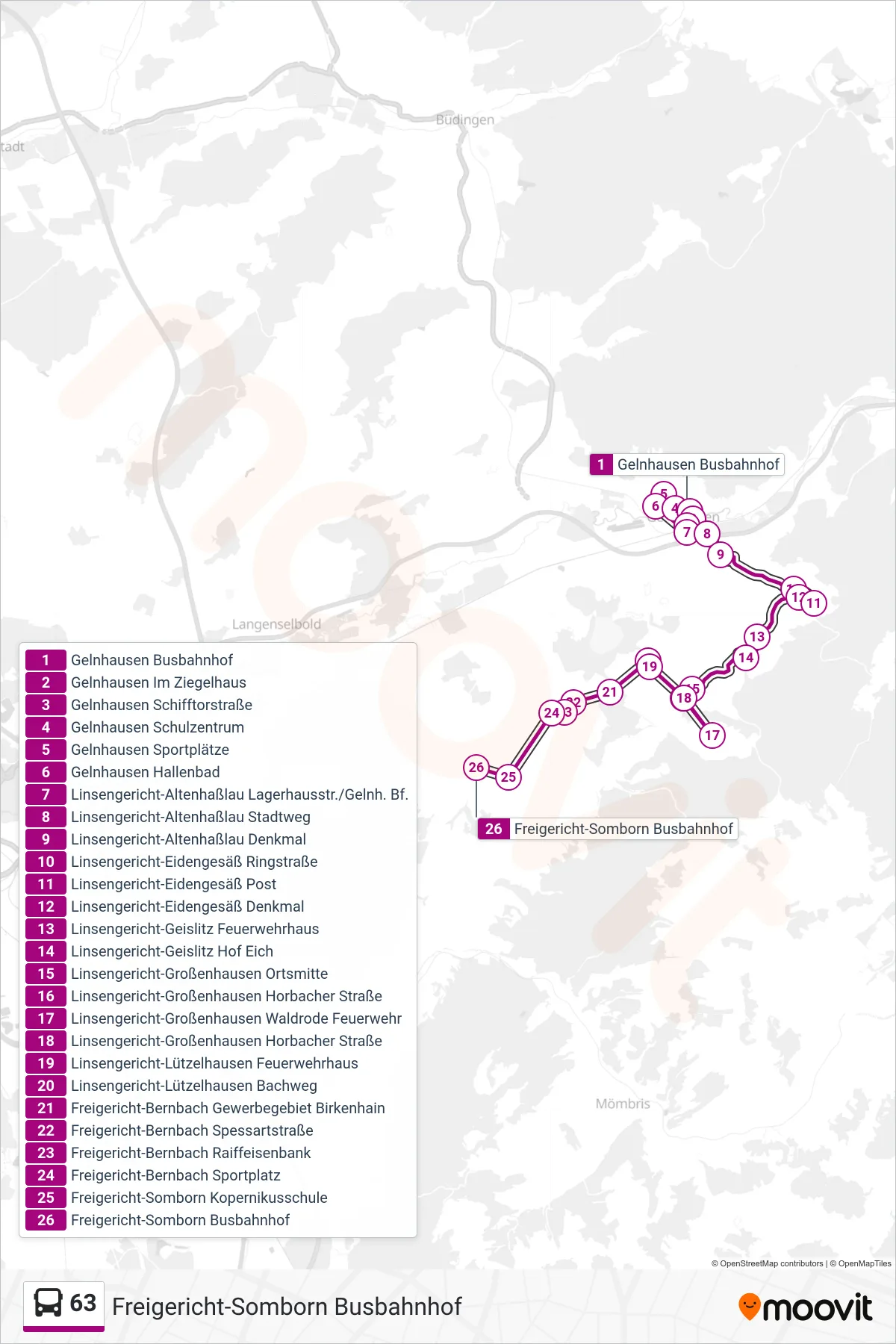63 bus Line (Freigericht-Somborn Busbahnhof) route and stops on a map