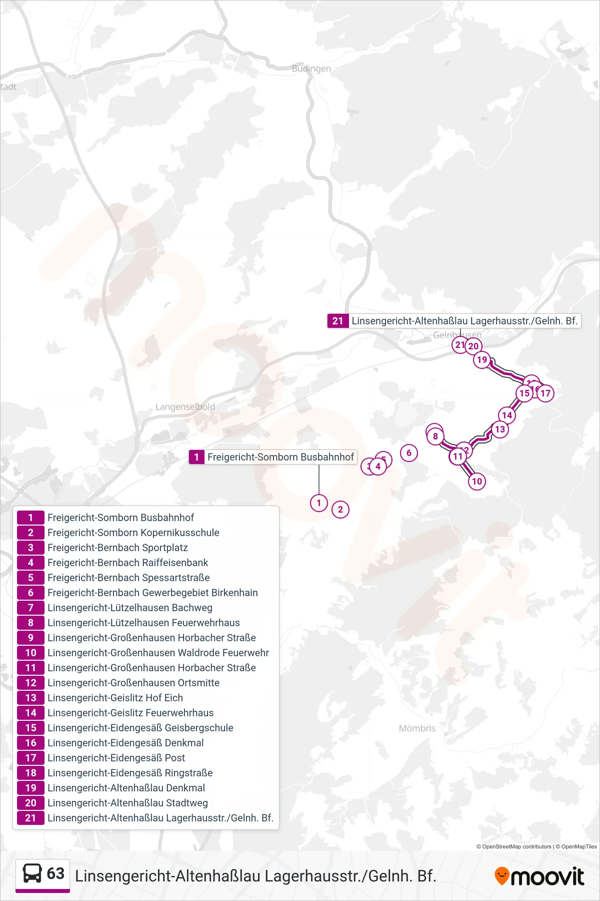 63 bus Line (Linsengericht-Altenhaßlau Lagerhausstr./Gelnh. Bf.) route and stops on a map
