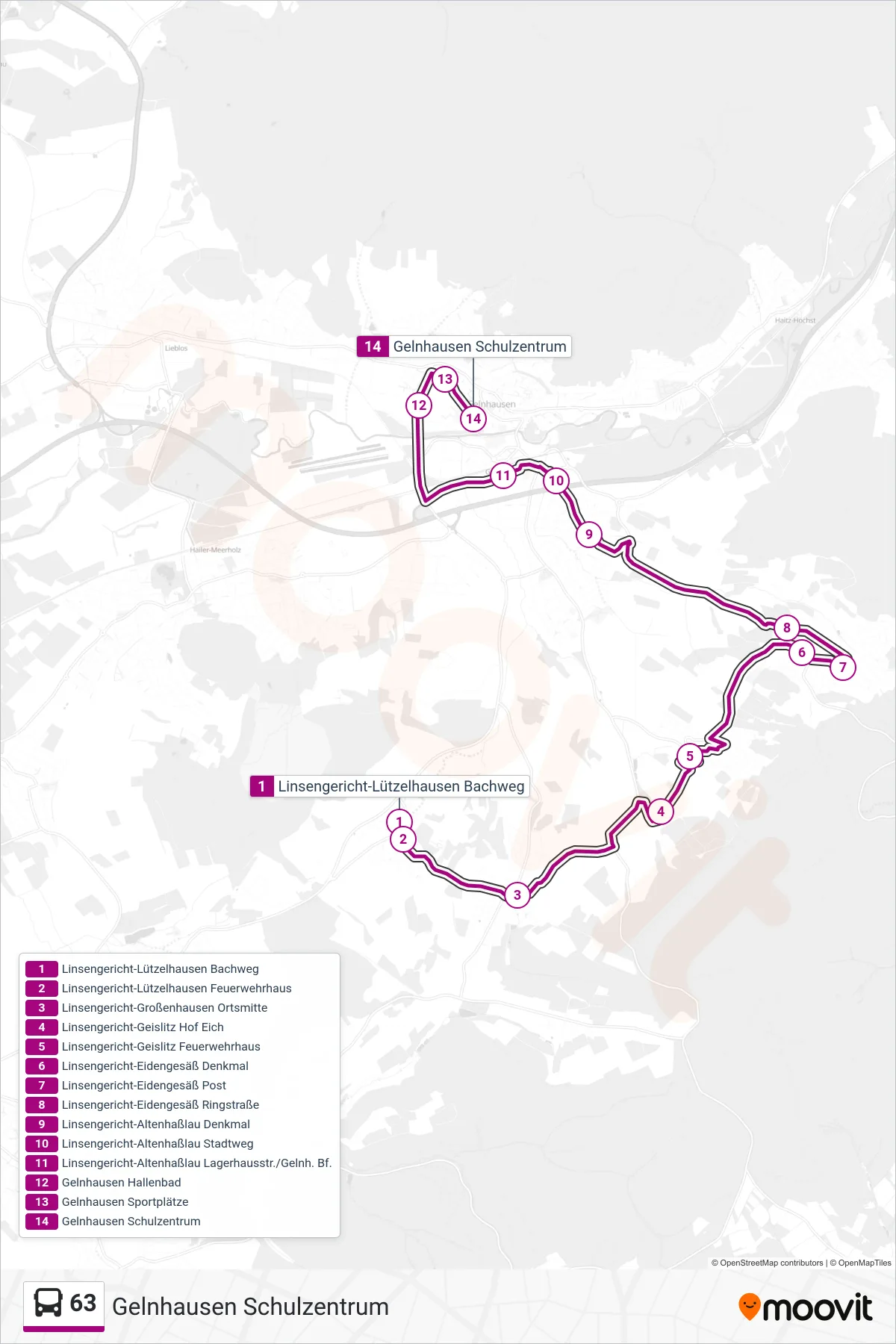 Linie 63 (Bus) Richtung Gelnhausen Schulzentrum: Route und Haltestellen auf der Karte