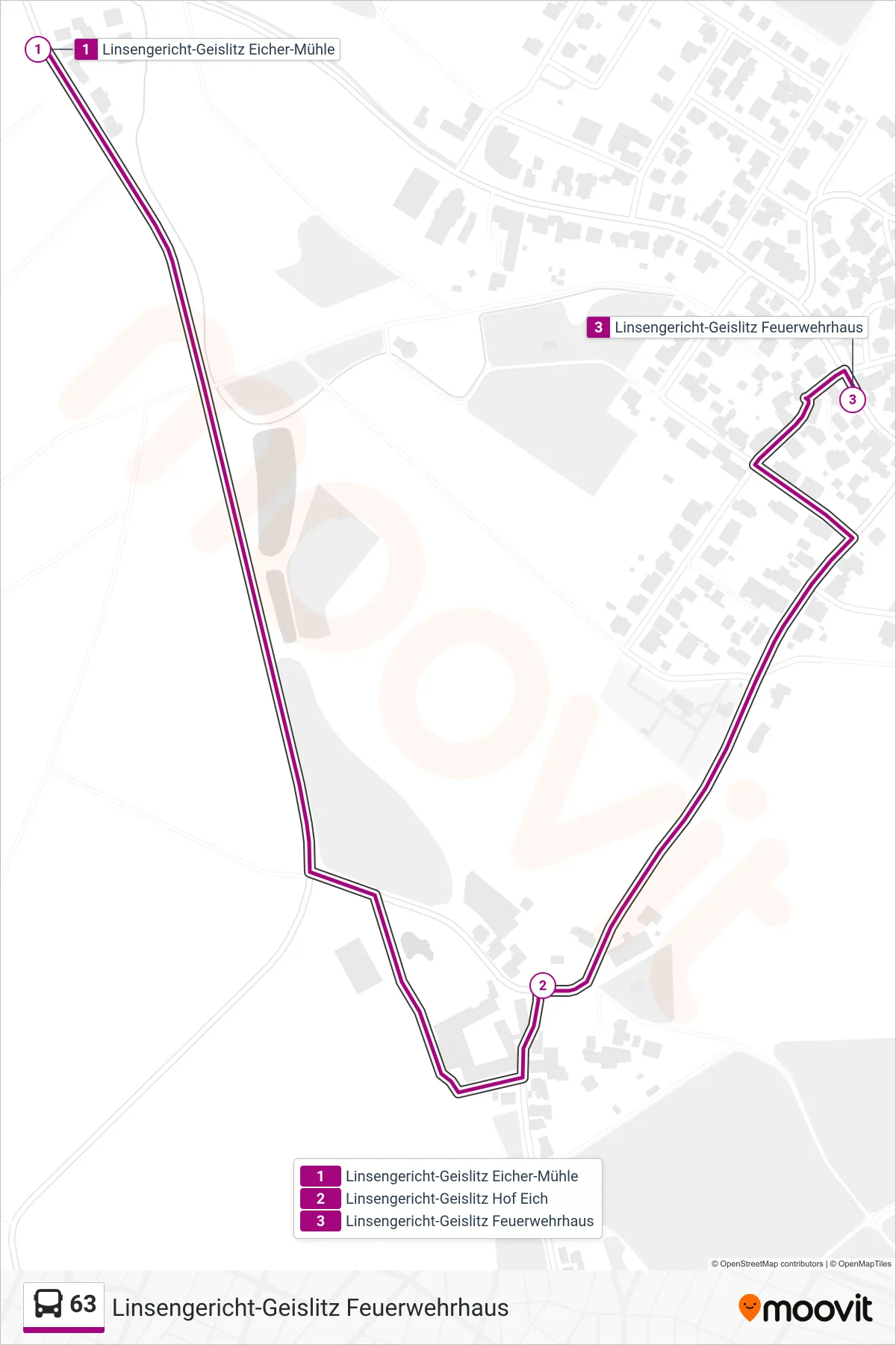 63 bus Line (Linsengericht-Geislitz Feuerwehrhaus) route and stops on a map