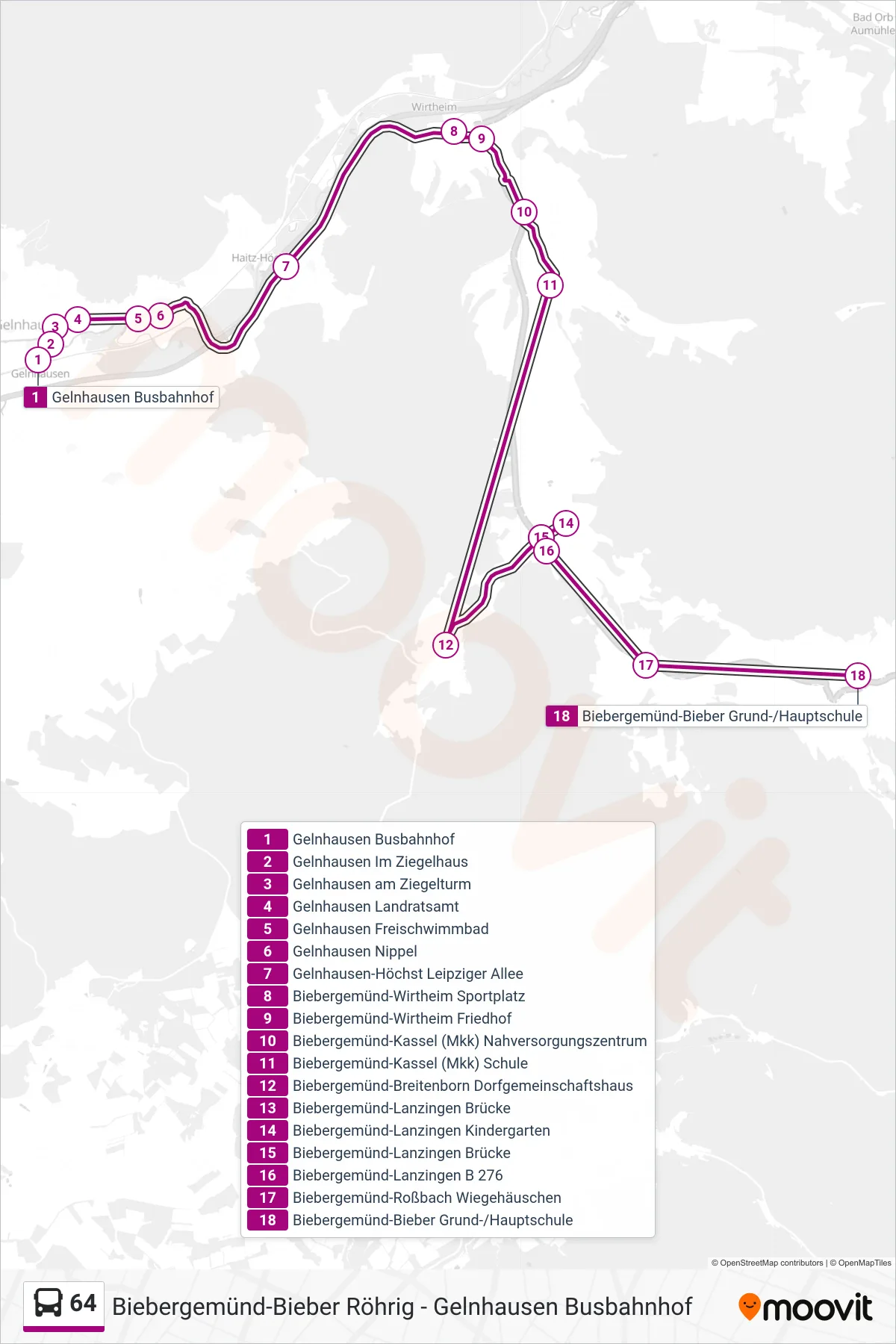 64 bus Line (Biebergemünd-Bieber Grund-/Hauptschule) route and stops on a map