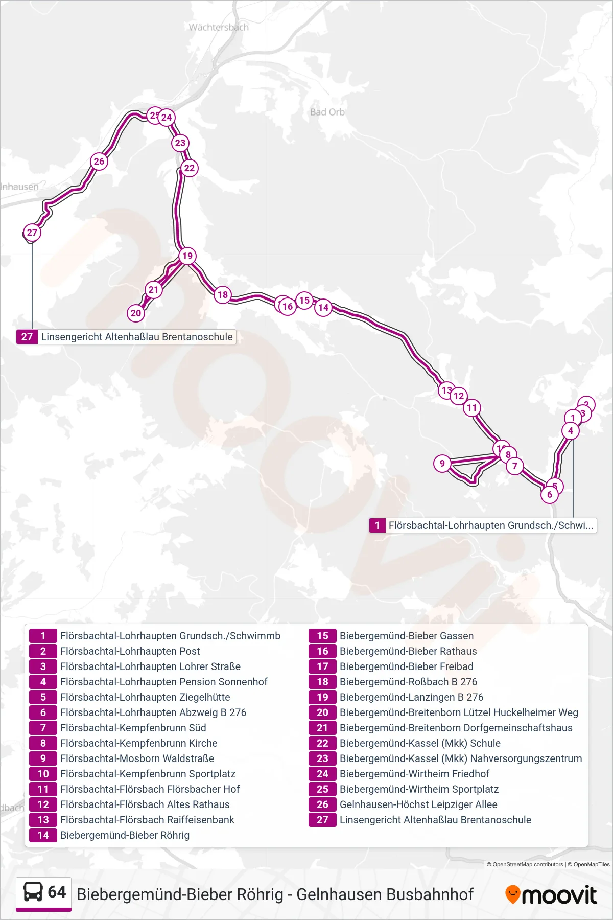 64 bus Line (Linsengericht Altenhaßlau Brentanoschule) route and stops on a map