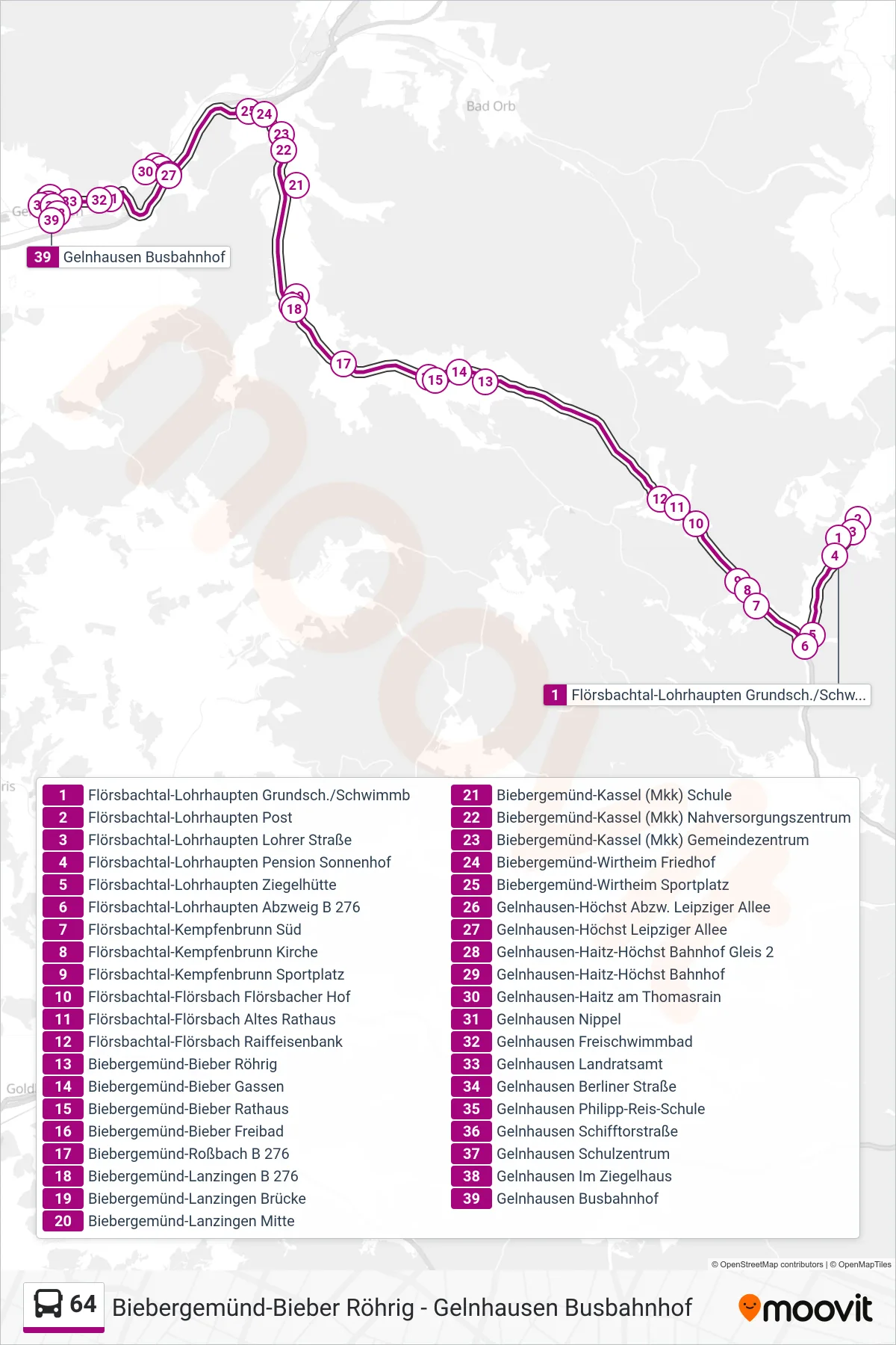 64 bus Line (Gelnhausen Busbahnhof) route and stops on a map