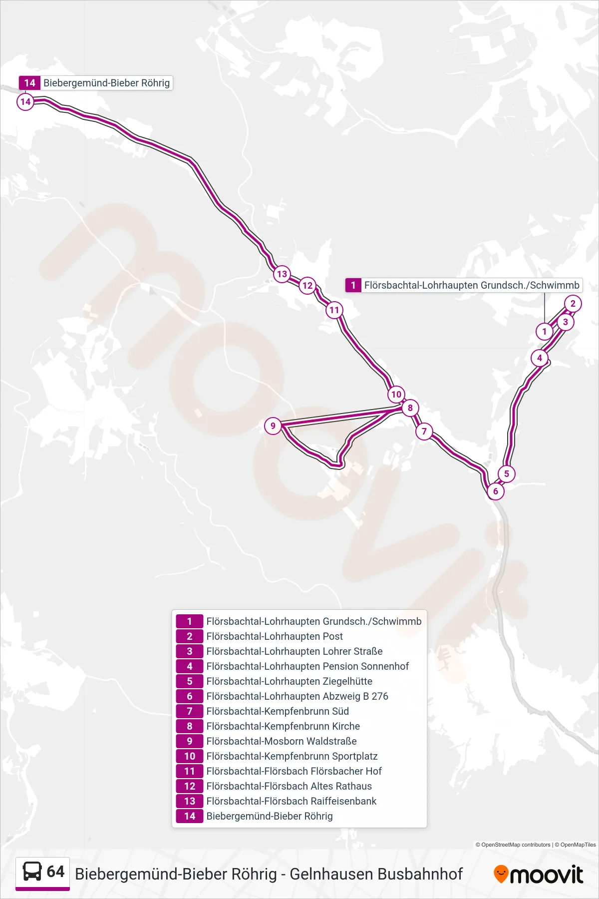 64 bus Line (Biebergemünd-Bieber Röhrig) route and stops on a map