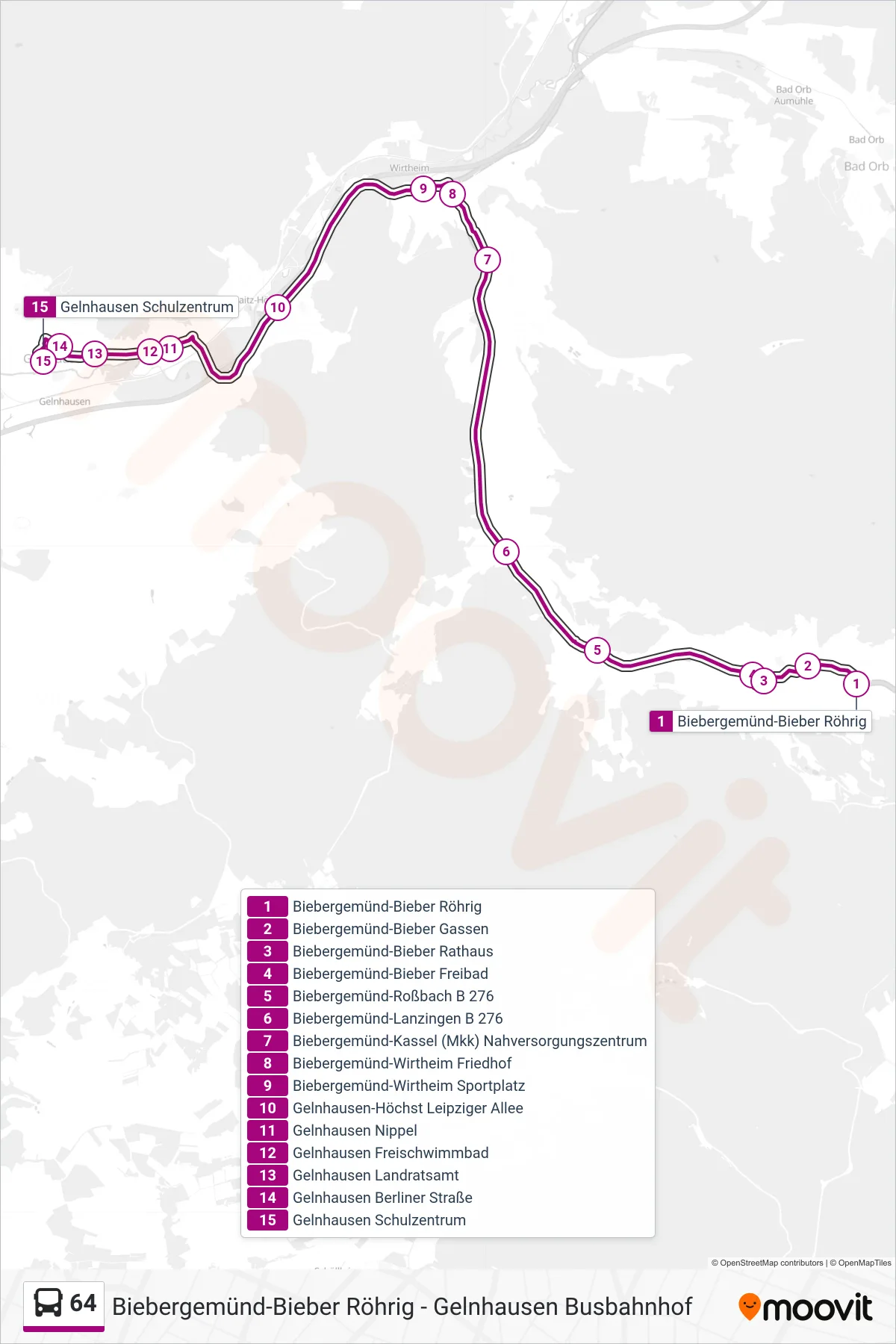 64 bus Line (Gelnhausen Schulzentrum) route and stops on a map