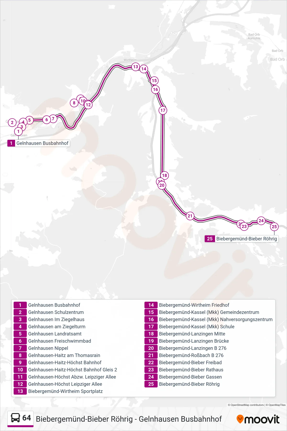 Linie 64 (Bus) Richtung Biebergemünd-Bieber Röhrig: Route und Haltestellen auf der Karte
