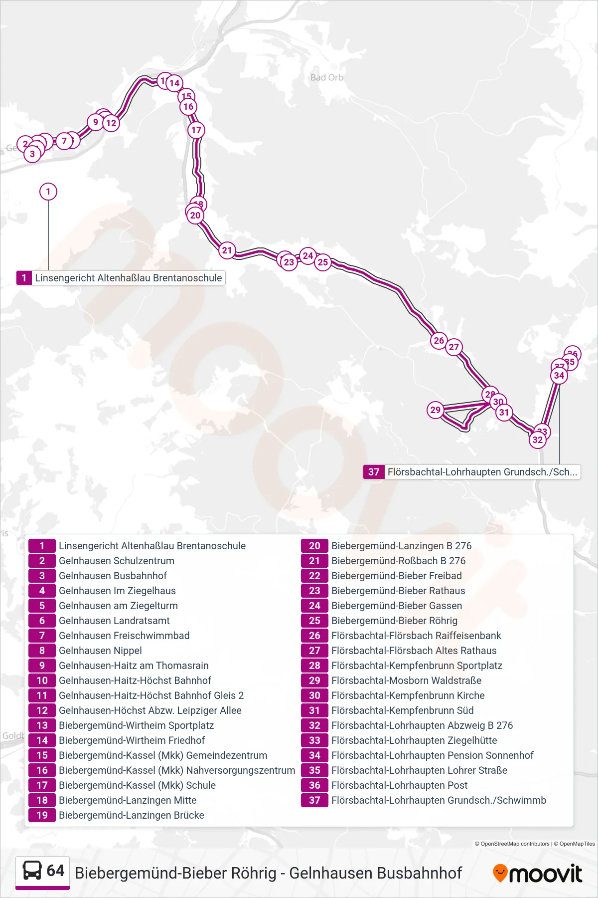 64 bus Line (Flörsbachtal-Lohrhaupten Grundsch./Schwimmb) route and stops on a map