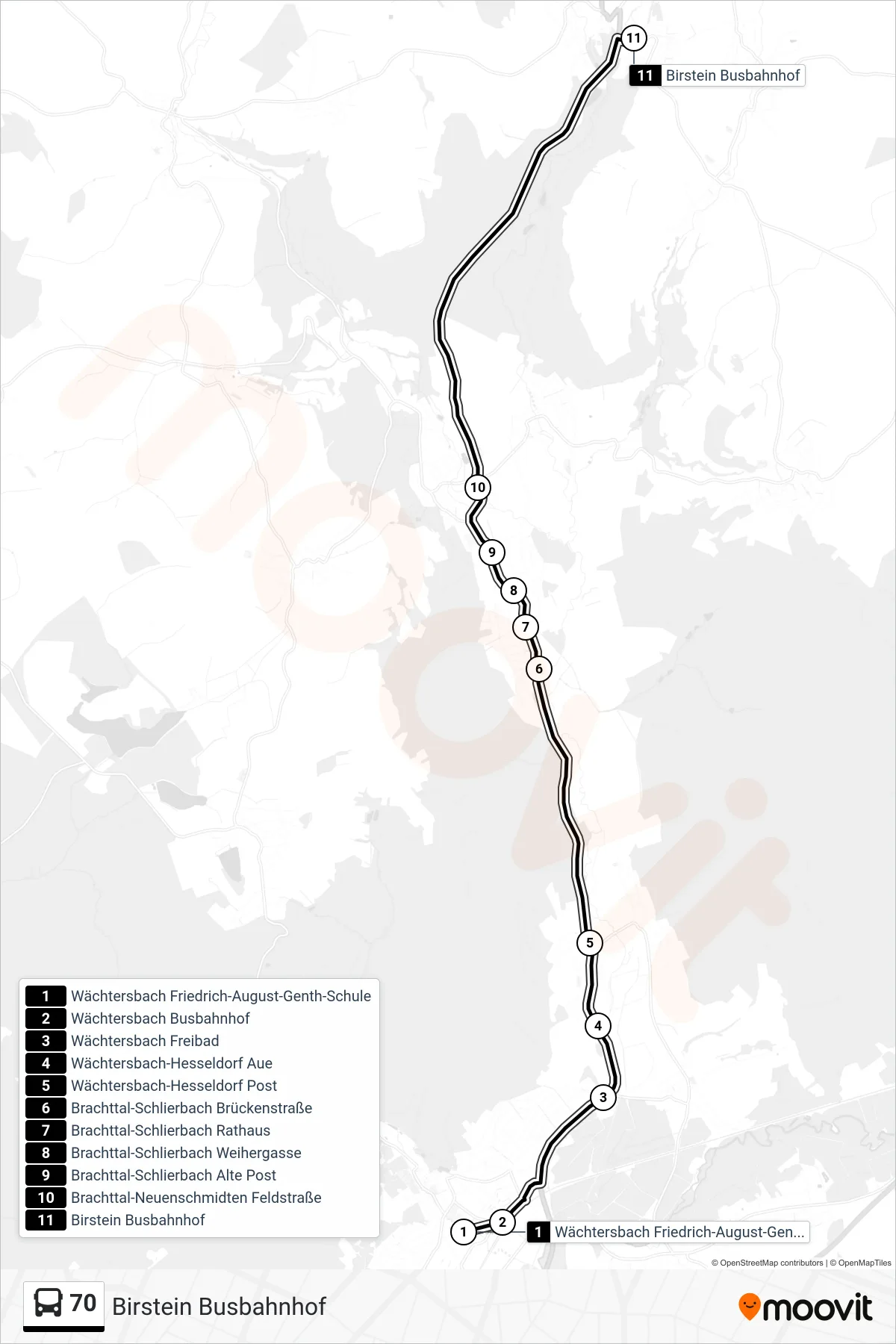 70 bus Line (Birstein Busbahnhof) route and stops on a map