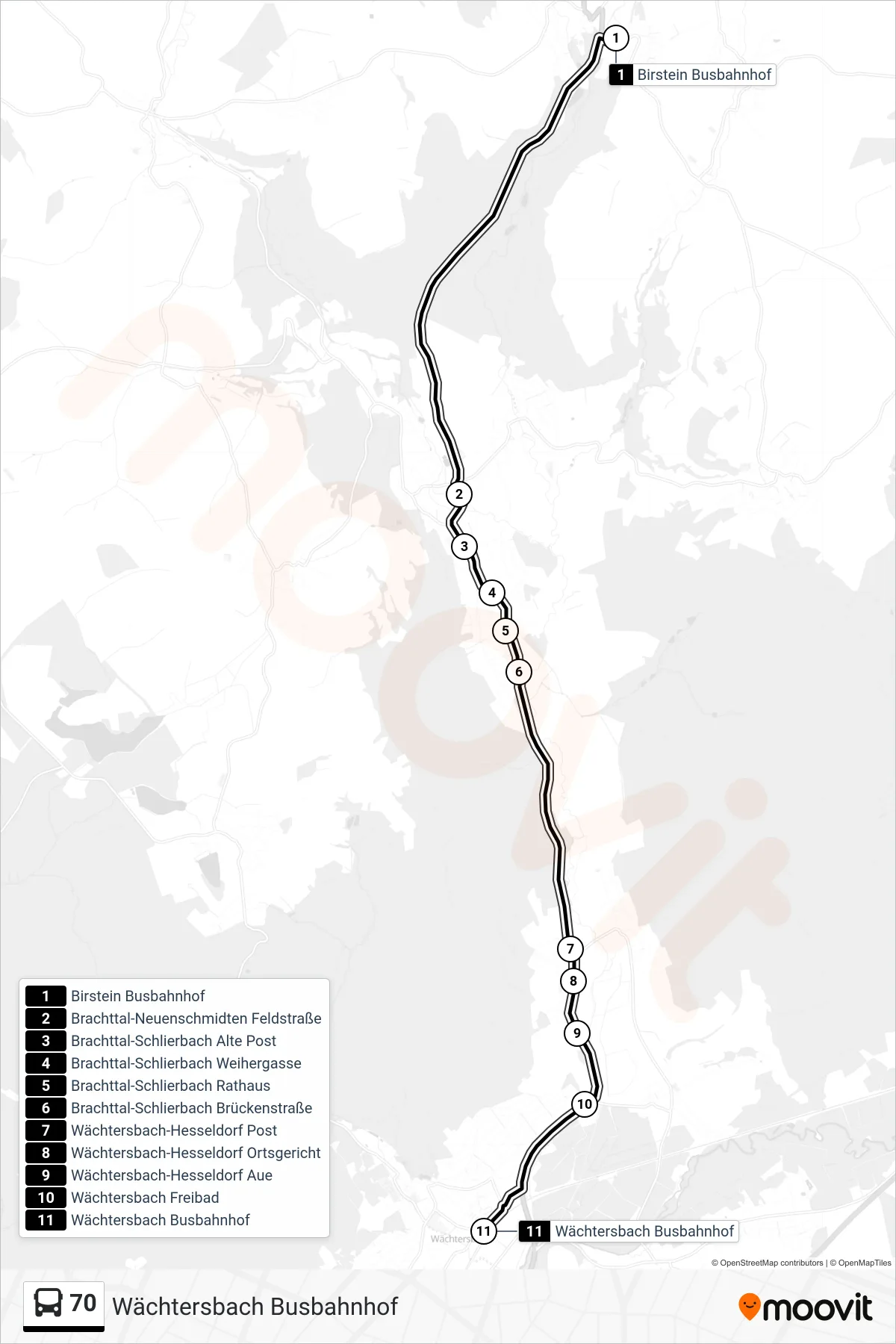 70 bus Line (Wächtersbach Busbahnhof) route and stops on a map