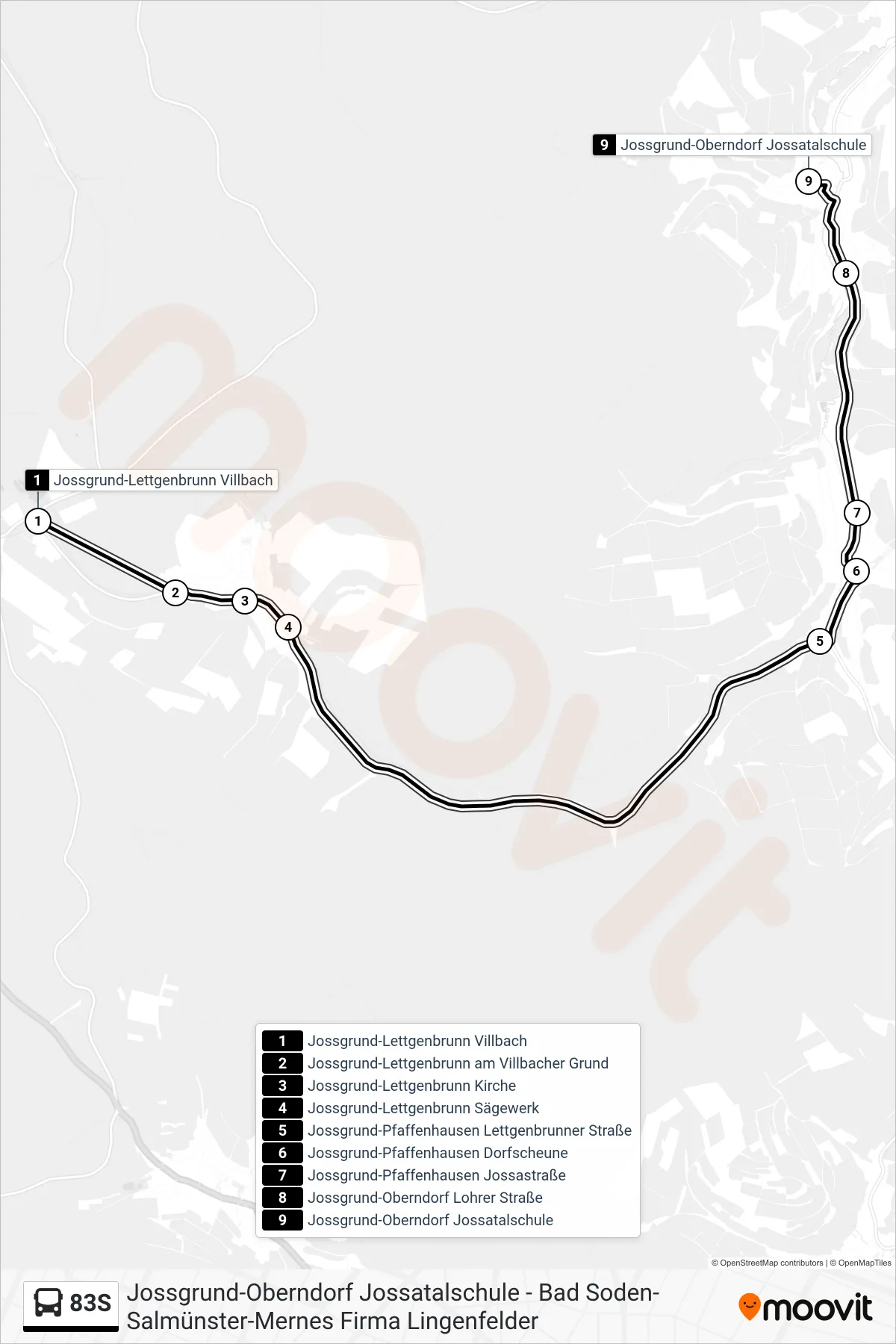 Linie 83S (Bus) Richtung Jossgrund-Oberndorf Jossatalschule: Route und Haltestellen auf der Karte