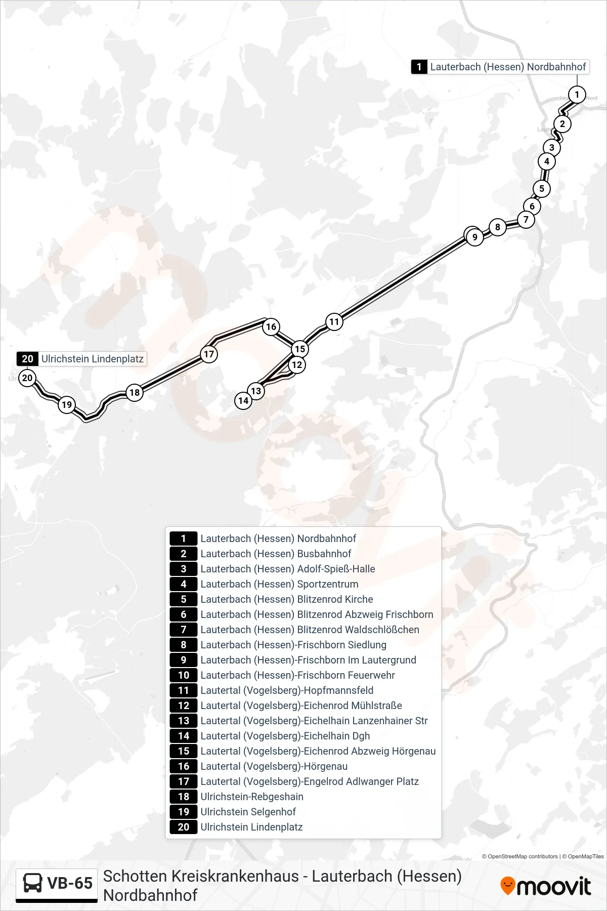 Linie VB-65 (Bus) Richtung Ulrichstein Lindenplatz: Route und Haltestellen auf der Karte