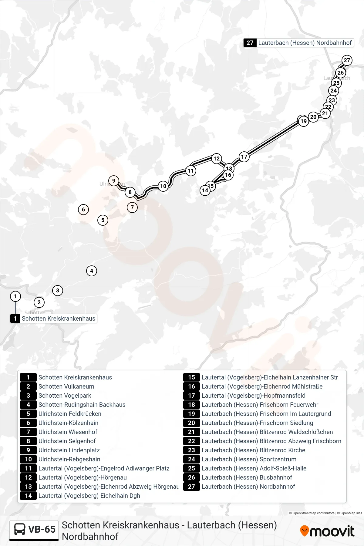 Linie VB-65 (Bus) Richtung Lauterbach (Hessen) Nordbahnhof: Route und Haltestellen auf der Karte