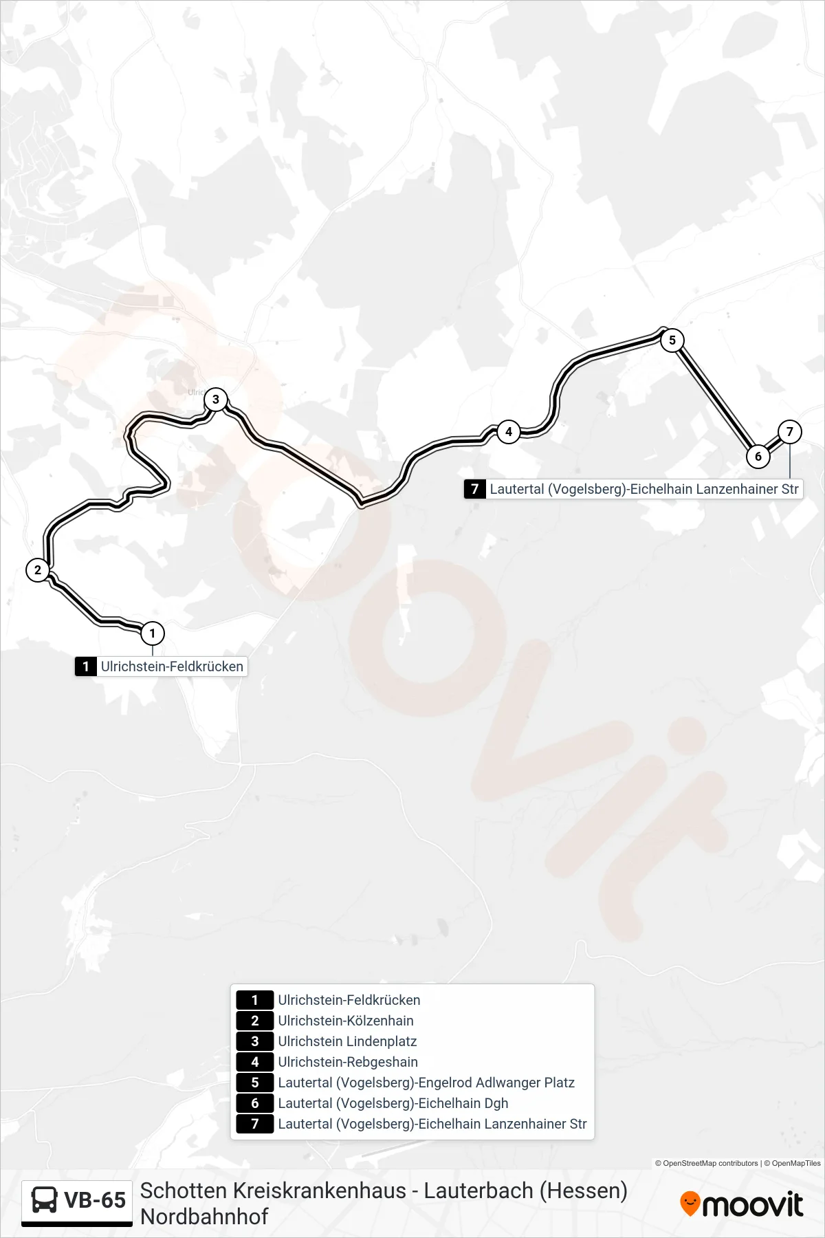 VB-65 bus Line (Lautertal (Vogelsberg)-Eichelhain Lanzenhainer Str) route and stops on a map