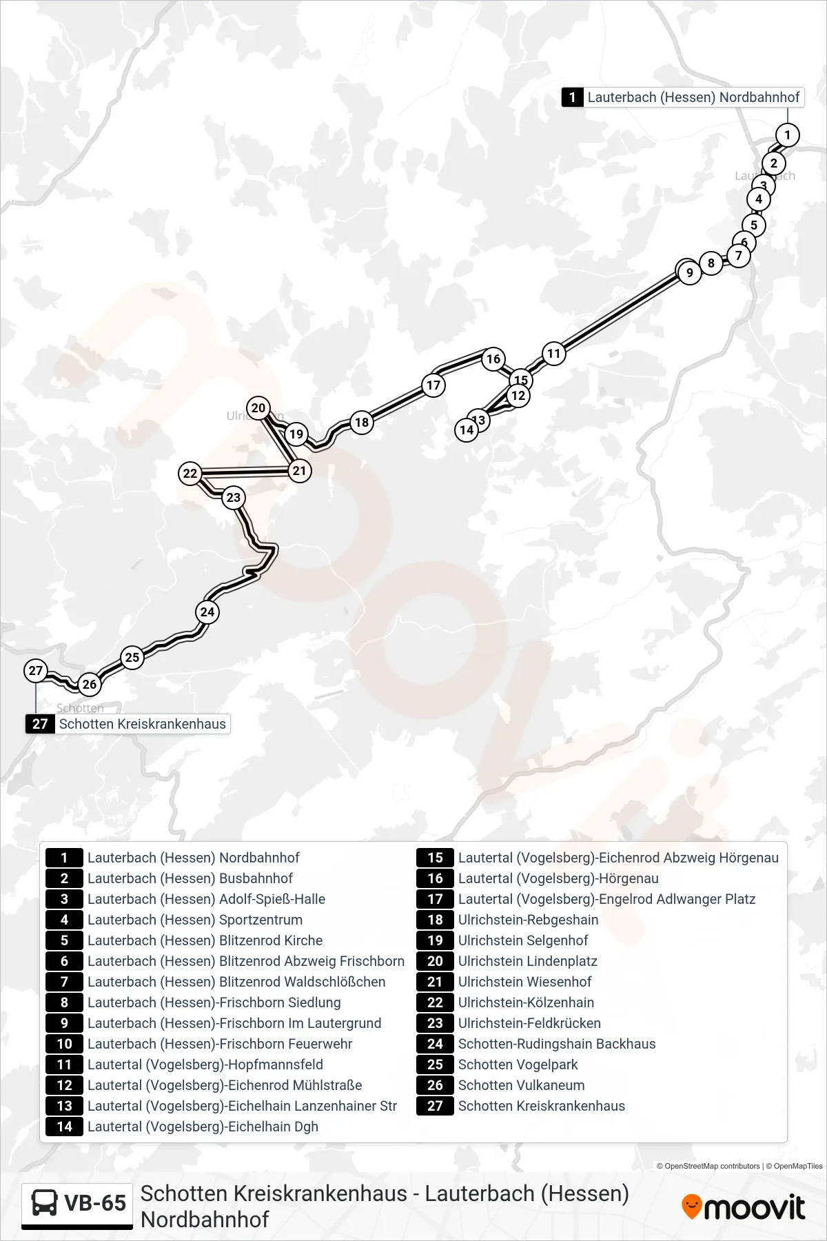 VB-65 bus Line (Schotten Kreiskrankenhaus) route and stops on a map
