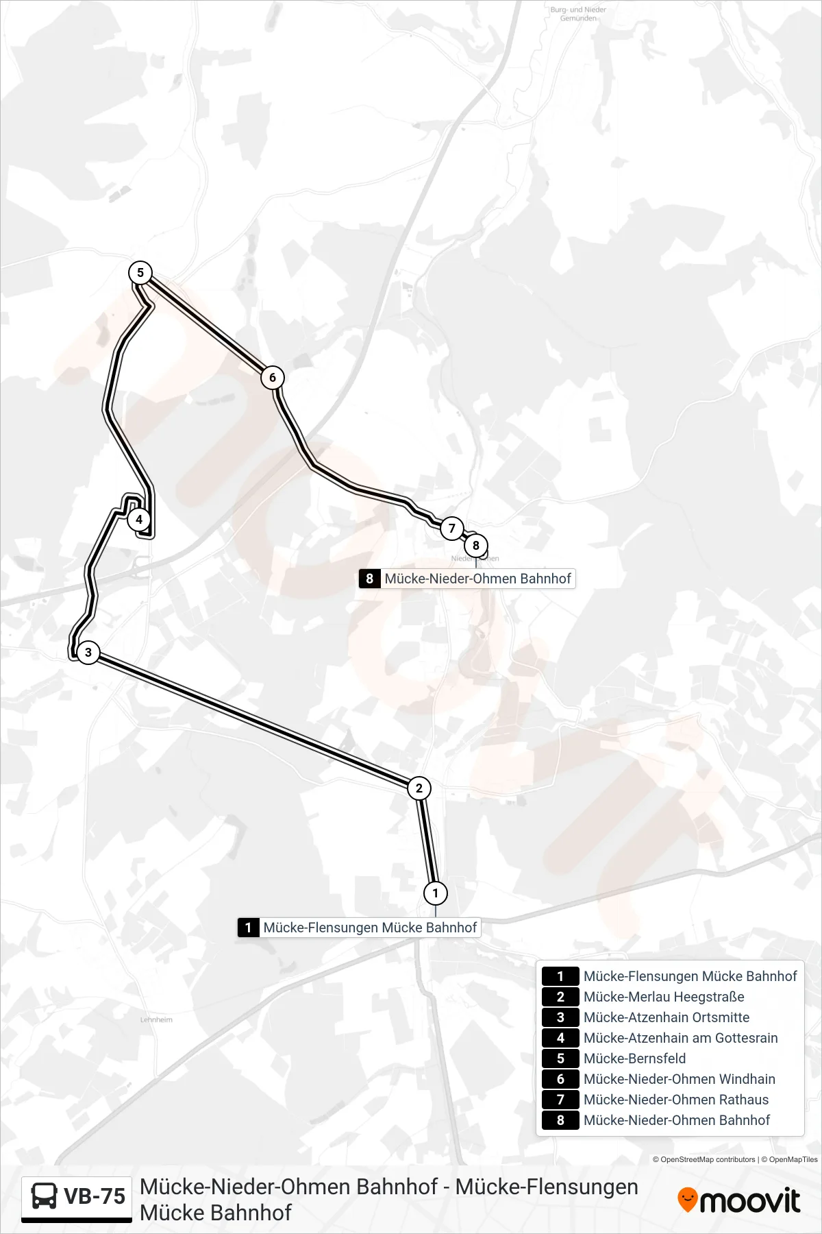 VB-75 bus Line (Mücke-Nieder-Ohmen Bahnhof) route and stops on a map